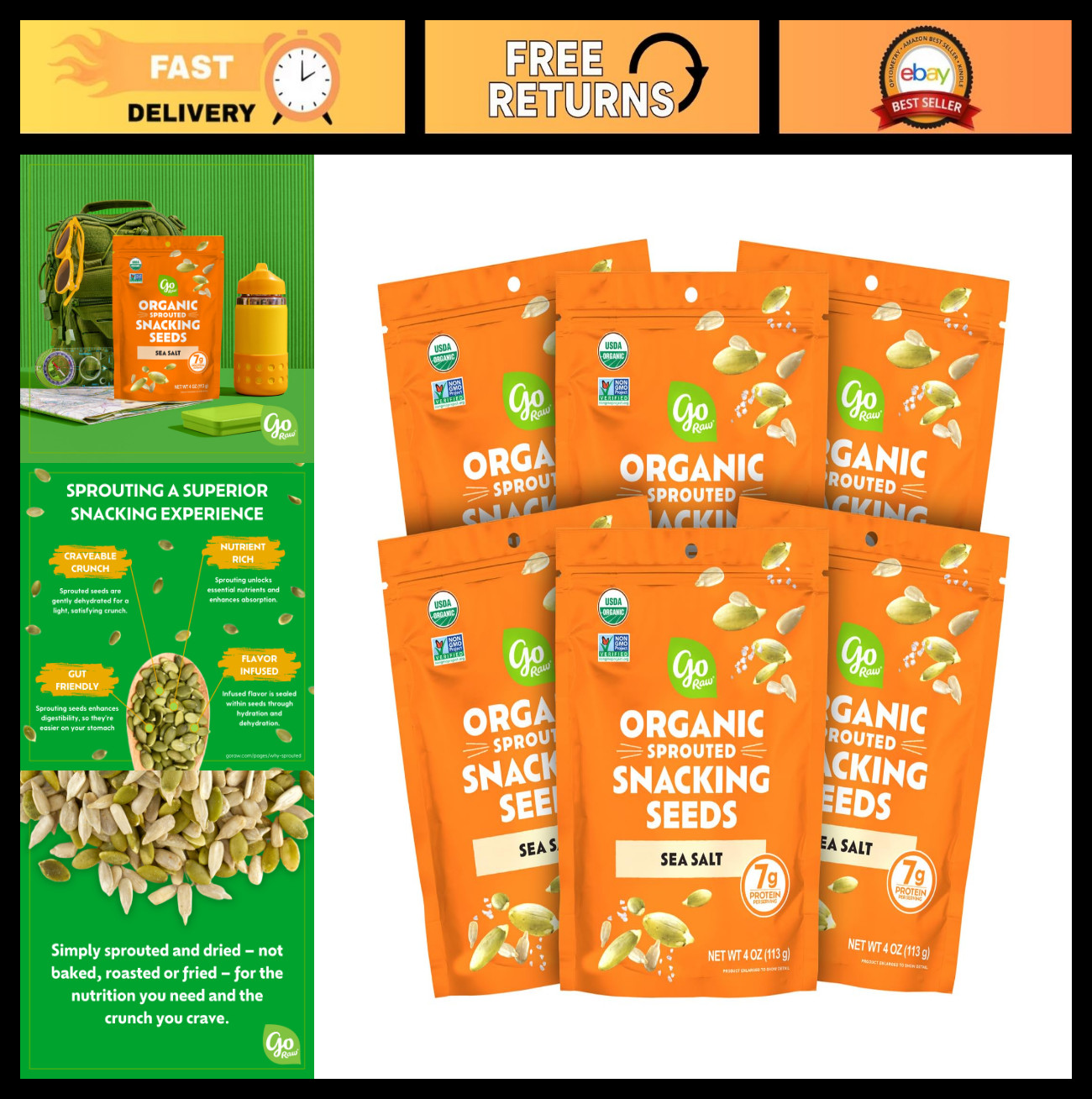 Organic Sprouted Sea Salt Snacking Seeds – Pumpkin & Sunflower, Keto, 6 Pack, 4