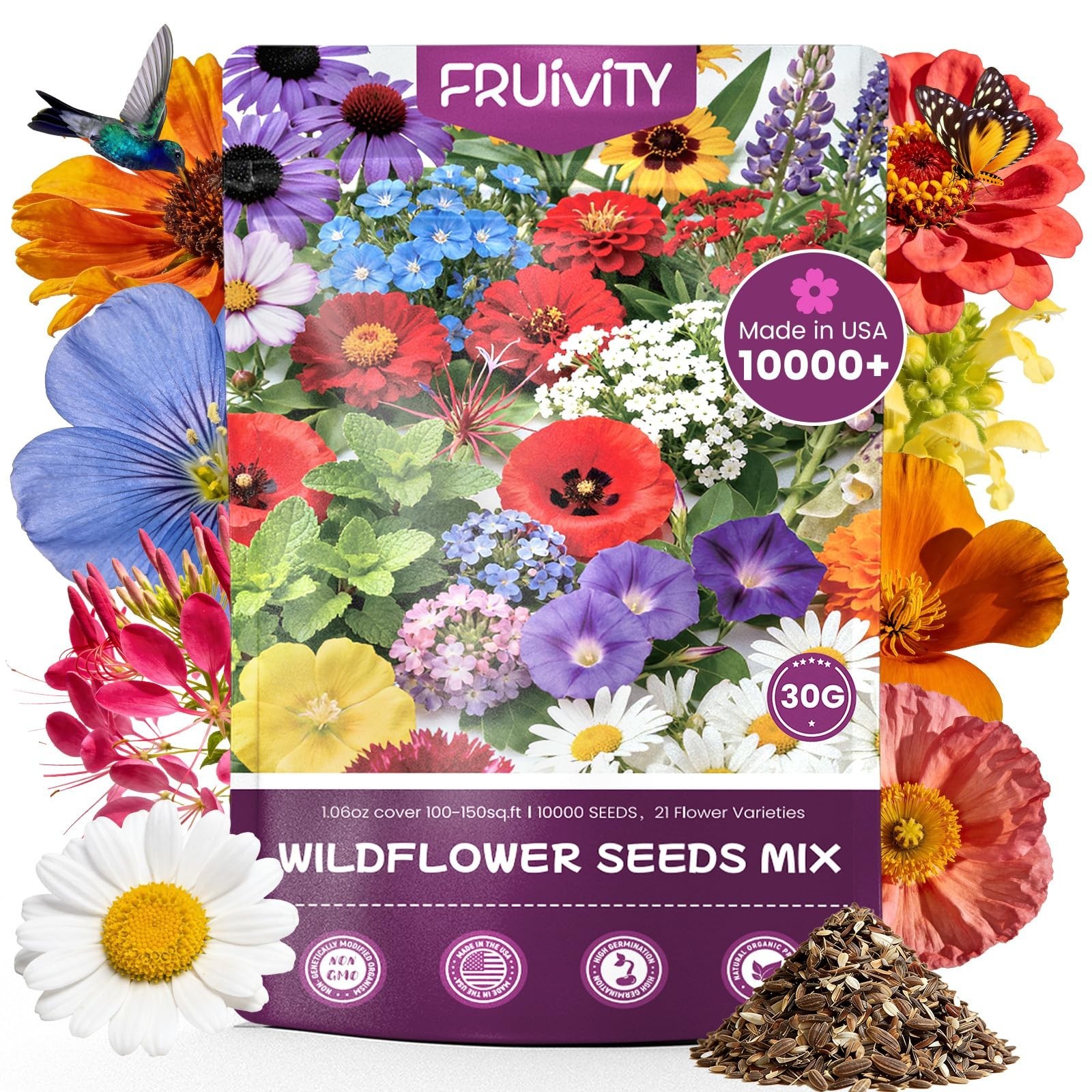 Bulk Wildflower Seeds 10000+ Non-GMO Butterfly Hummingbird Mix, 21 Varieties, Hi
