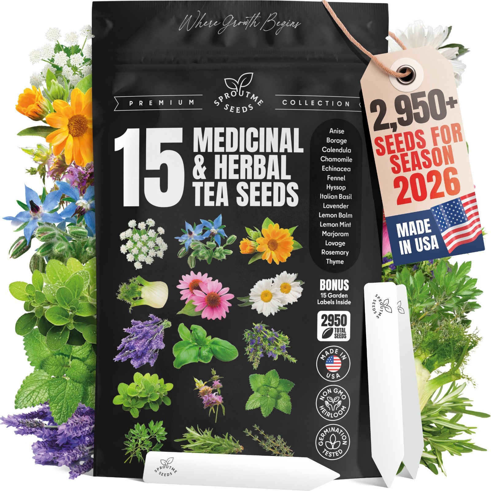 Medicinal Herb Tea Seed Kit: 15 Variety Pack, Plant Markers, USA Grown