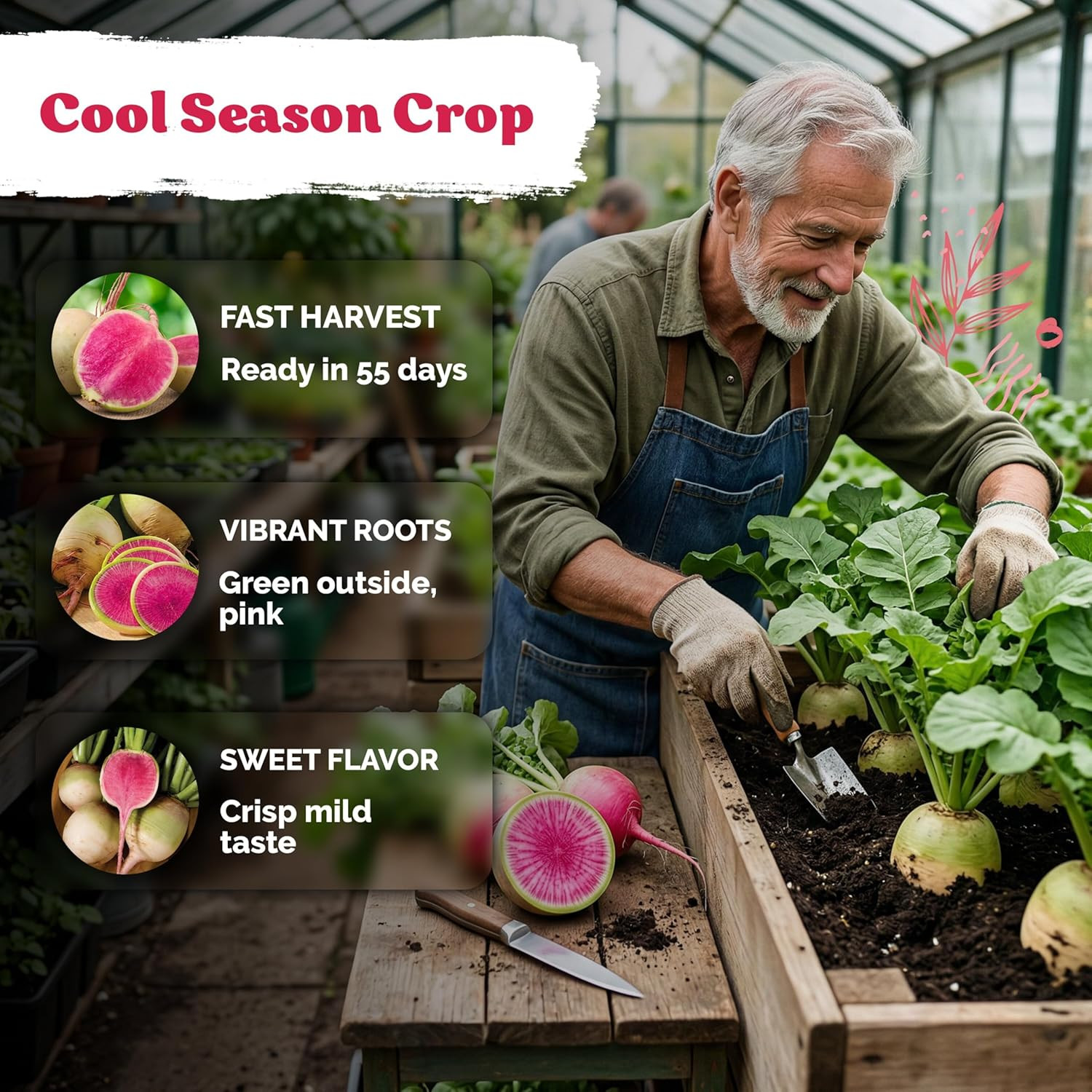 550 Watermelon Radish Seeds (Raphanus Sativus) – Red Meat Radish Seed Packets, M