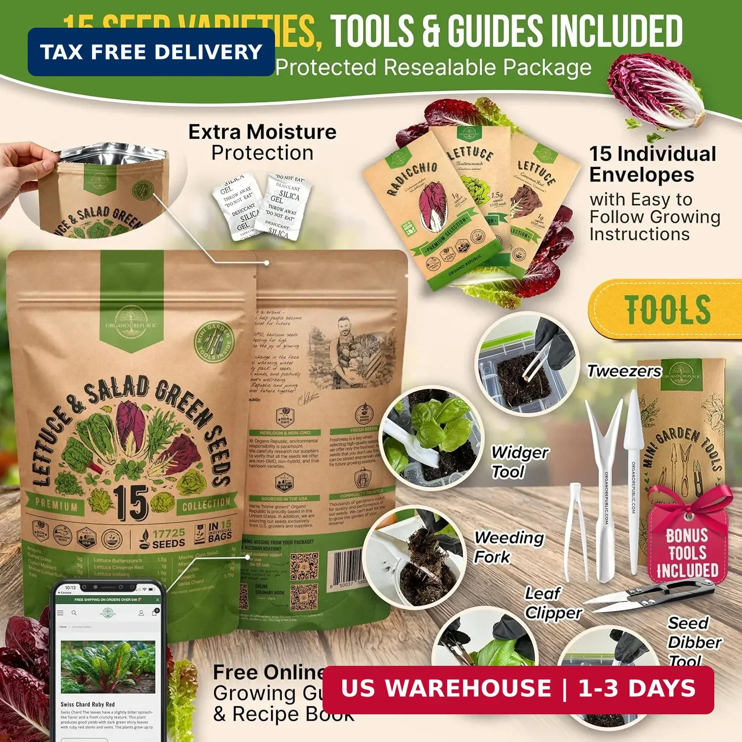 Organo Republic 15 Lettuce & Salad Greens Seeds Variety Pack 17700+ Non-GMO Heir