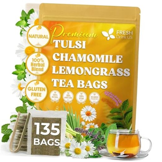 , Premium 135 Tea Bags Tulsi Chamomile Lemongrass Herbal Tea | Blend with Holy