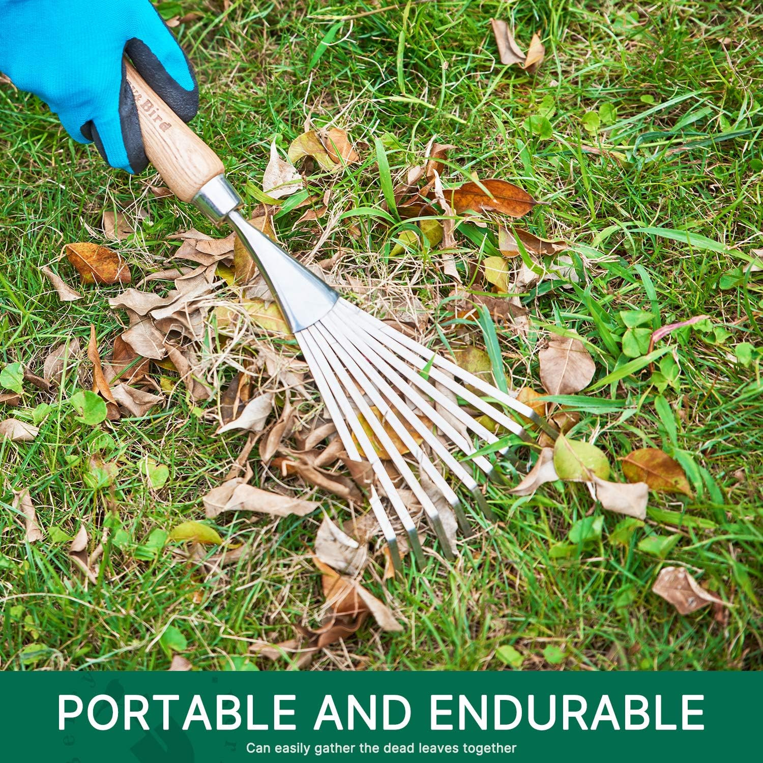 Gardening Hand Shrub Rake, 14.7″ Stainless Steel Grass Rake, 9 Tines Fan Lawn Le