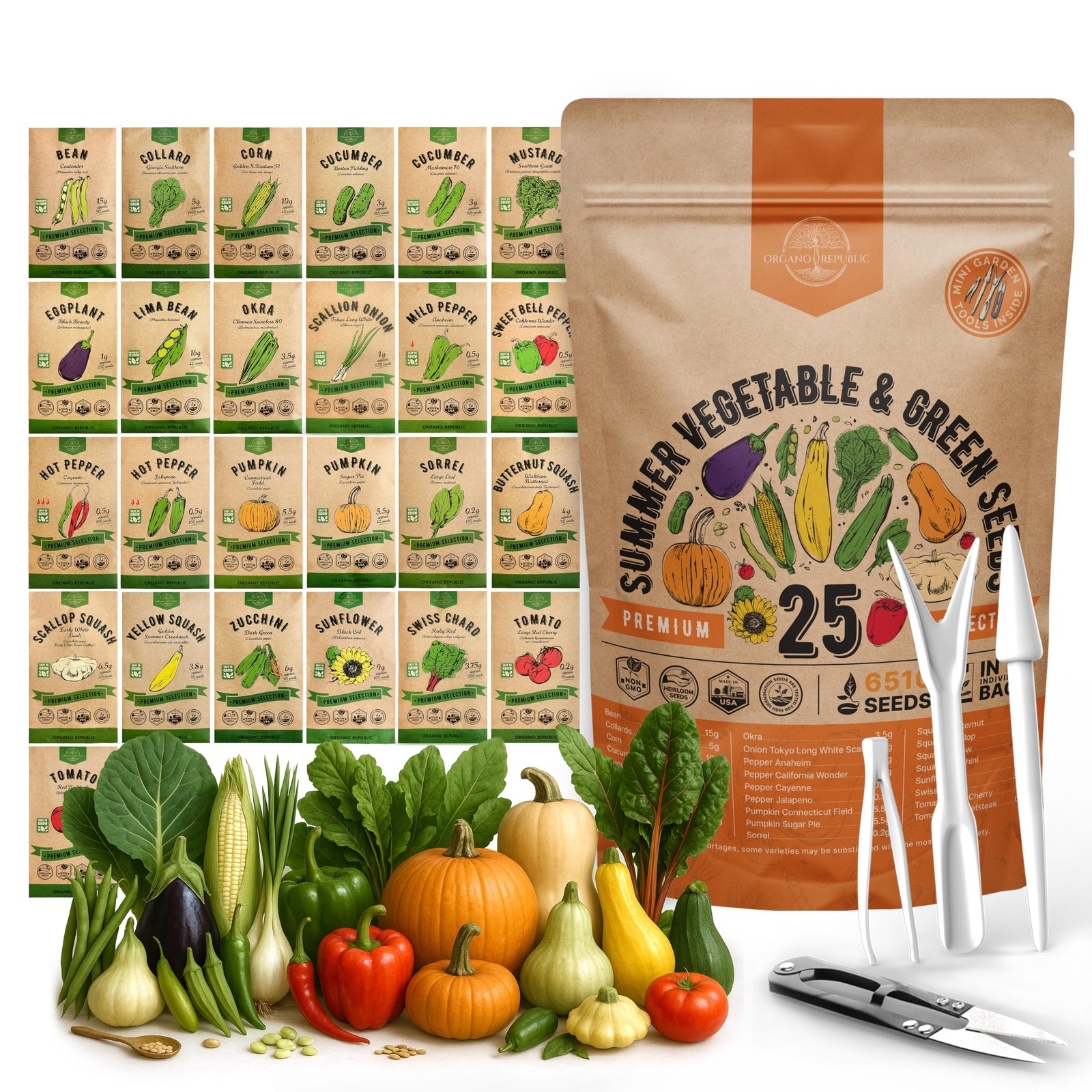 Organo Republic 25 Summer Vegetable Garden Seed Variety Pack 6,510+ NonGMO H…