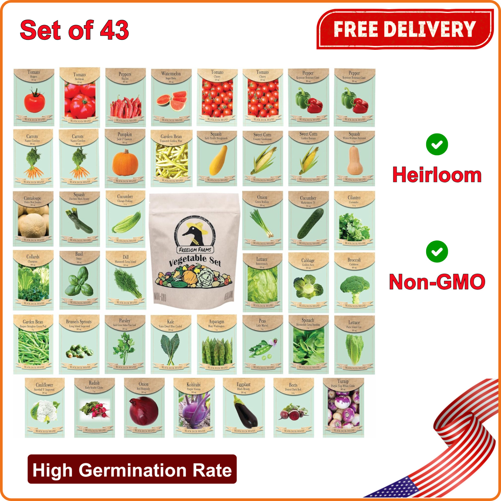 Set of 43 Assorted Vegetable & Herb Seed Packets – Over 10,000 Seeds! – Heirloom