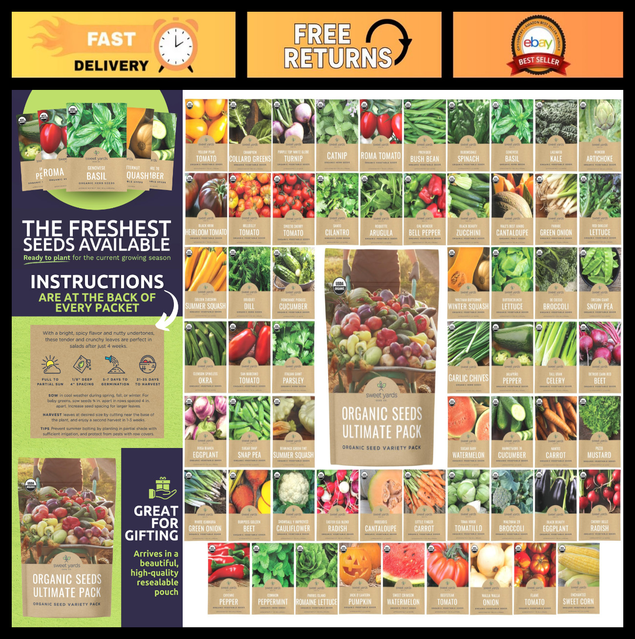 Ultimate Organic Seeds Variety Pack – 60 Non-GMO Packs for Indoor/Outdoor Planti