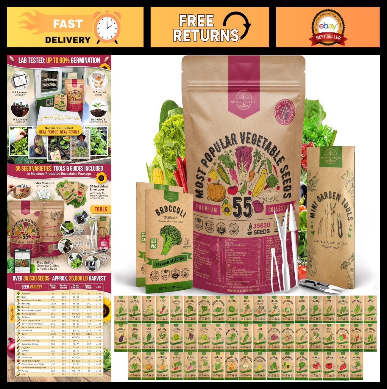 55 Vegetable Seeds Variety Pack – 35,600+ Non-GMO Heirloom Seeds for Home Garden
