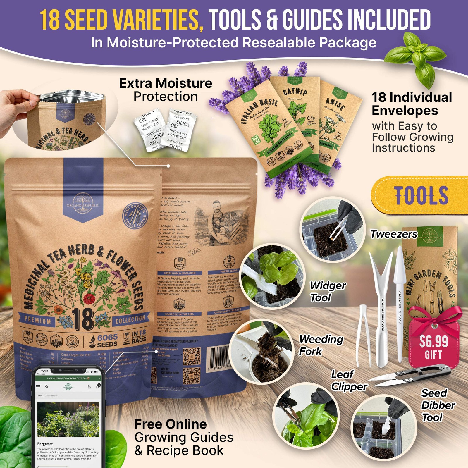 18 Medicinal Tea Herb & Flower Seeds Variety Pack