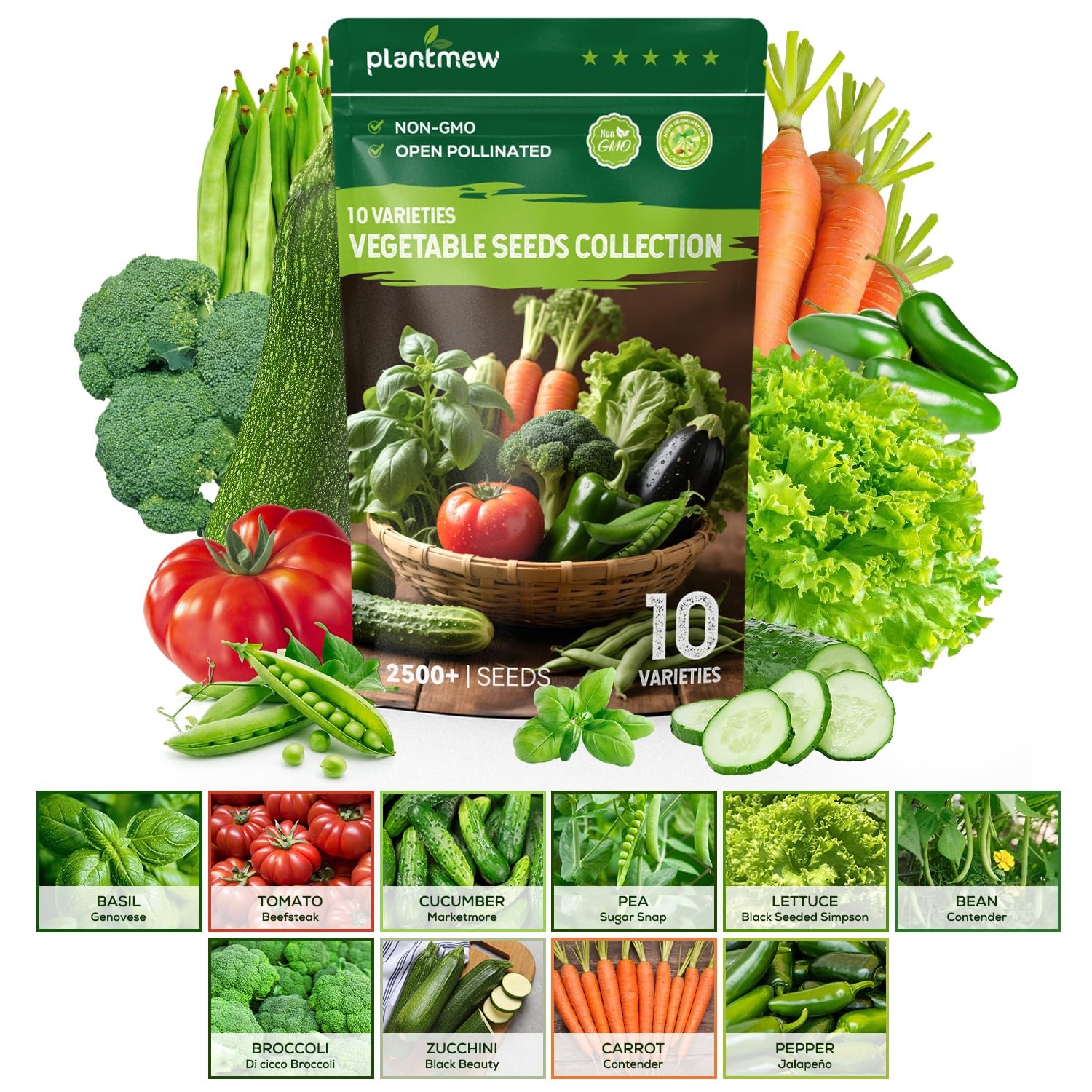 10 Vegetable Seeds Pack – Heirloom – Basil, Snap Pea, Broccoli, Bean, Jalapeñ…
