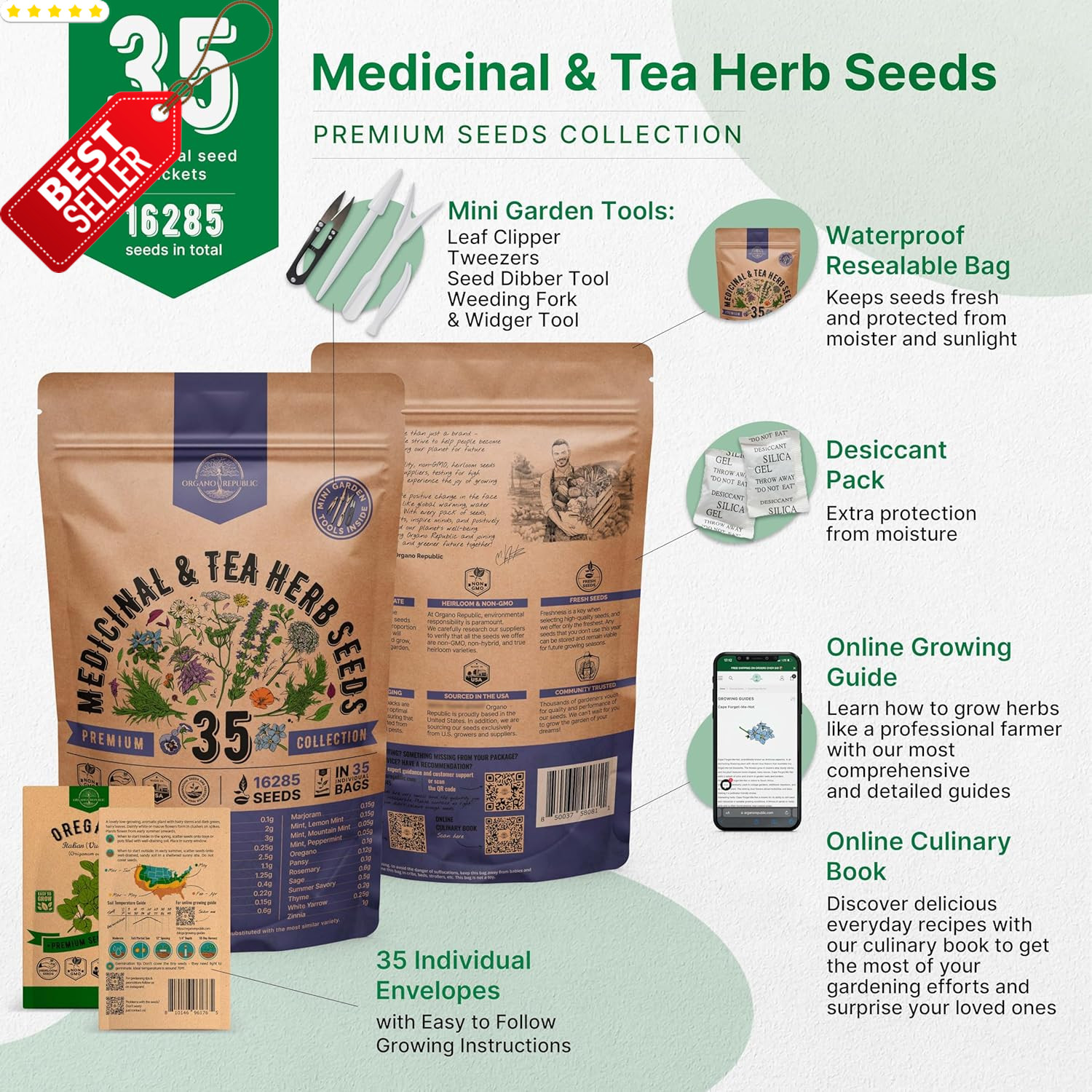 35 Medicinal Tea Herb Seeds Variety Pack Non-GMO Heirloom Indoor Outdoor US