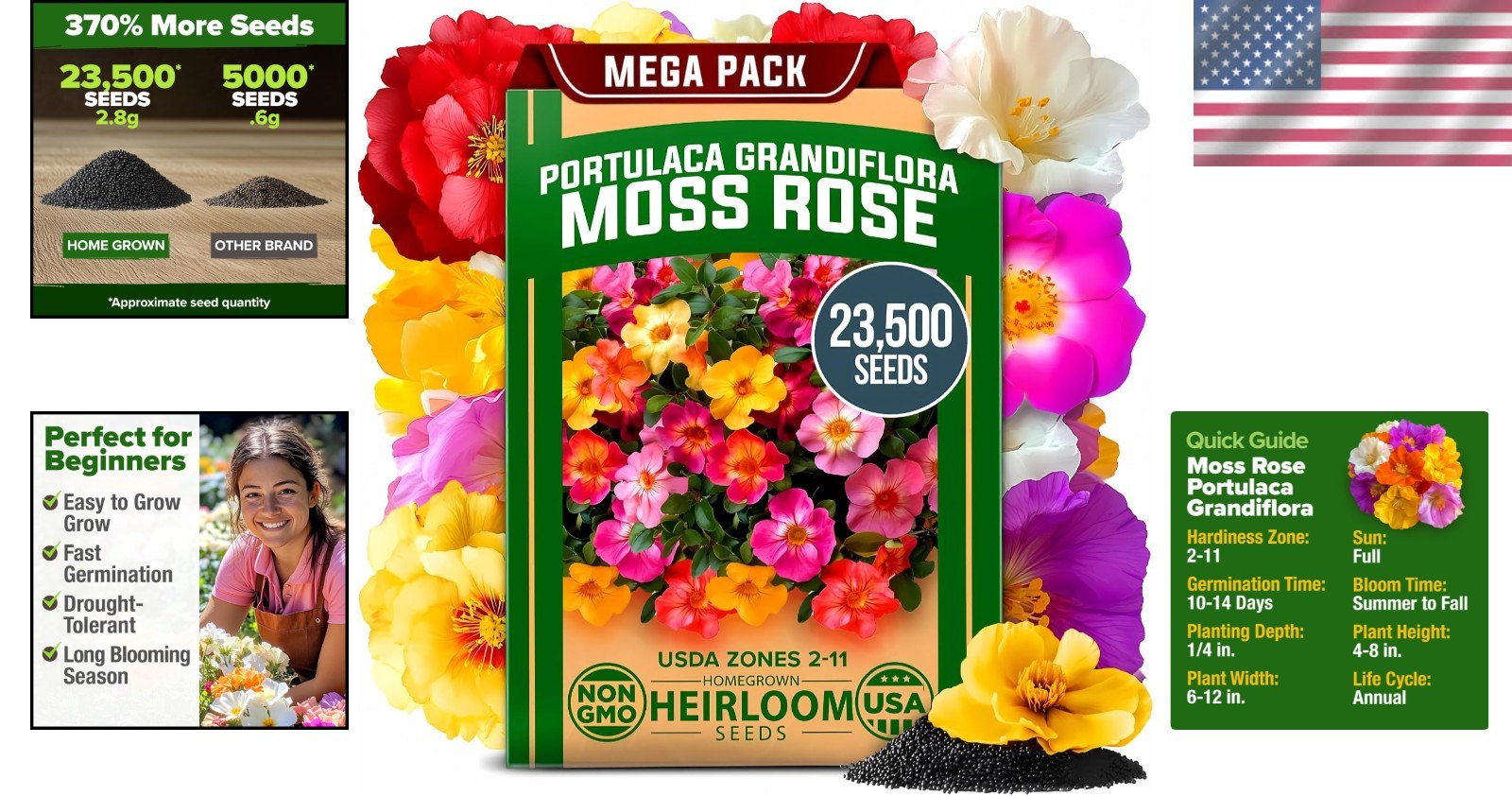 Annual Moss Rose Seeds Bulk Pack – 23,500+ For Gorgeous Spring to Fall Blooms