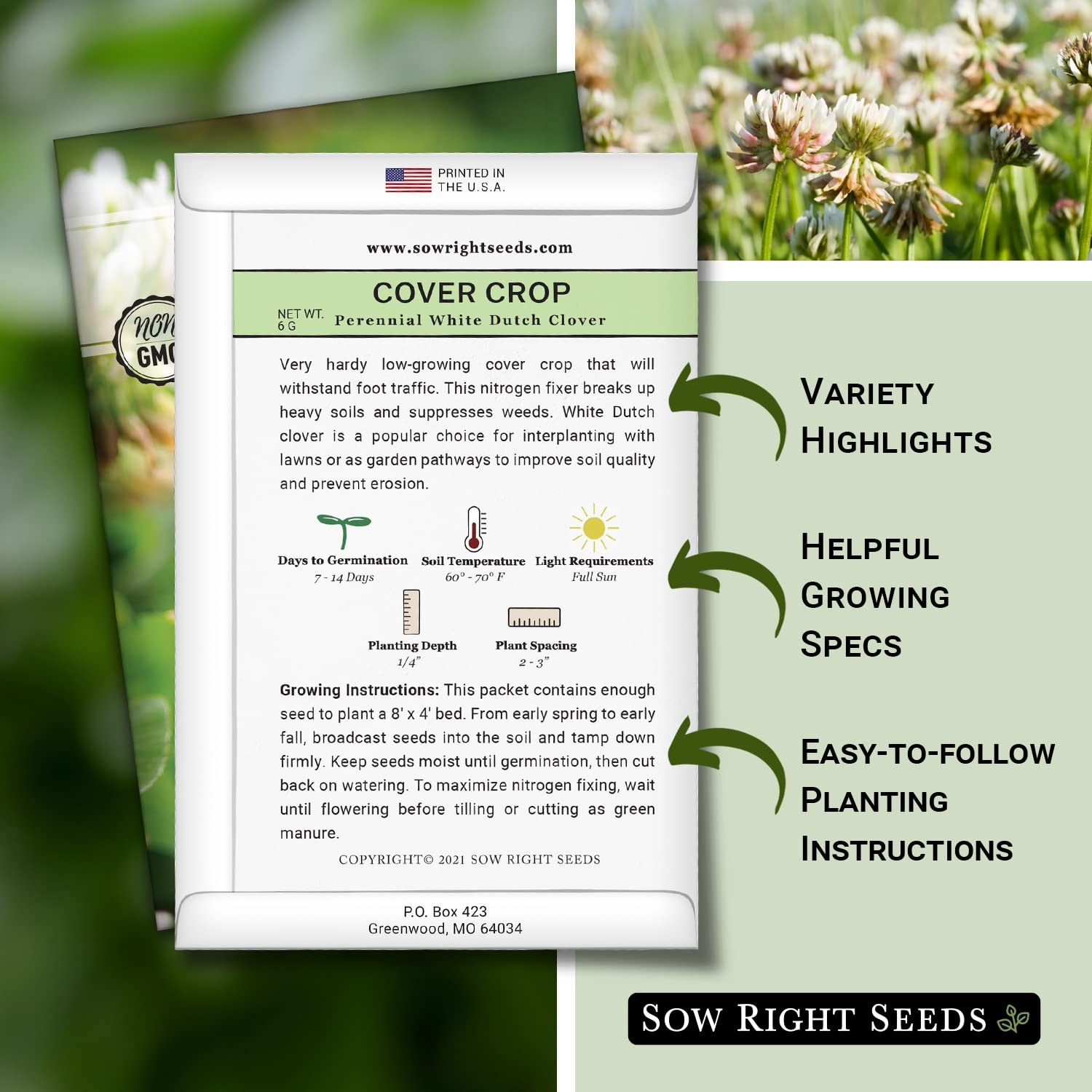 White Dutch Clover Seeds NonGMO Cover Crop for Gardens Attract Pollinators