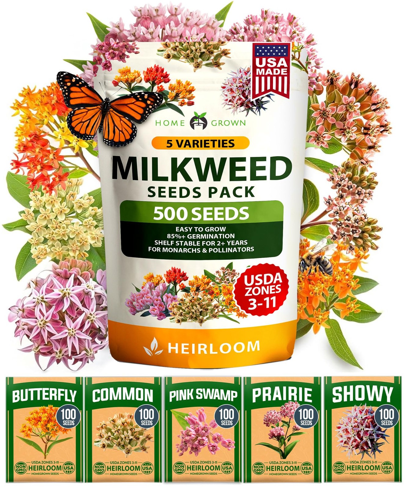 Milkweed Flower Seeds – 500+ Heirloom Perennials for Monarch Habitat, Zones 3-10