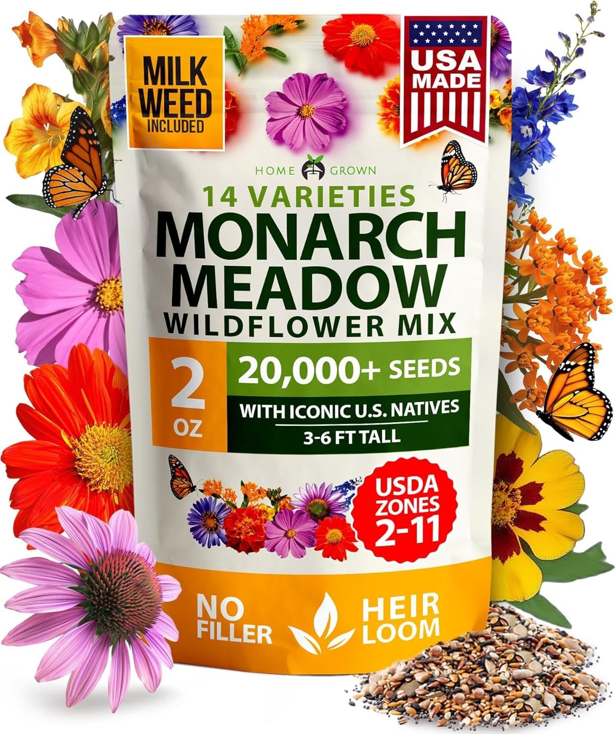 High Germination Monarch Butterfly Seeds Mix – 2oz Non-GMO Wildflowers for Bees
