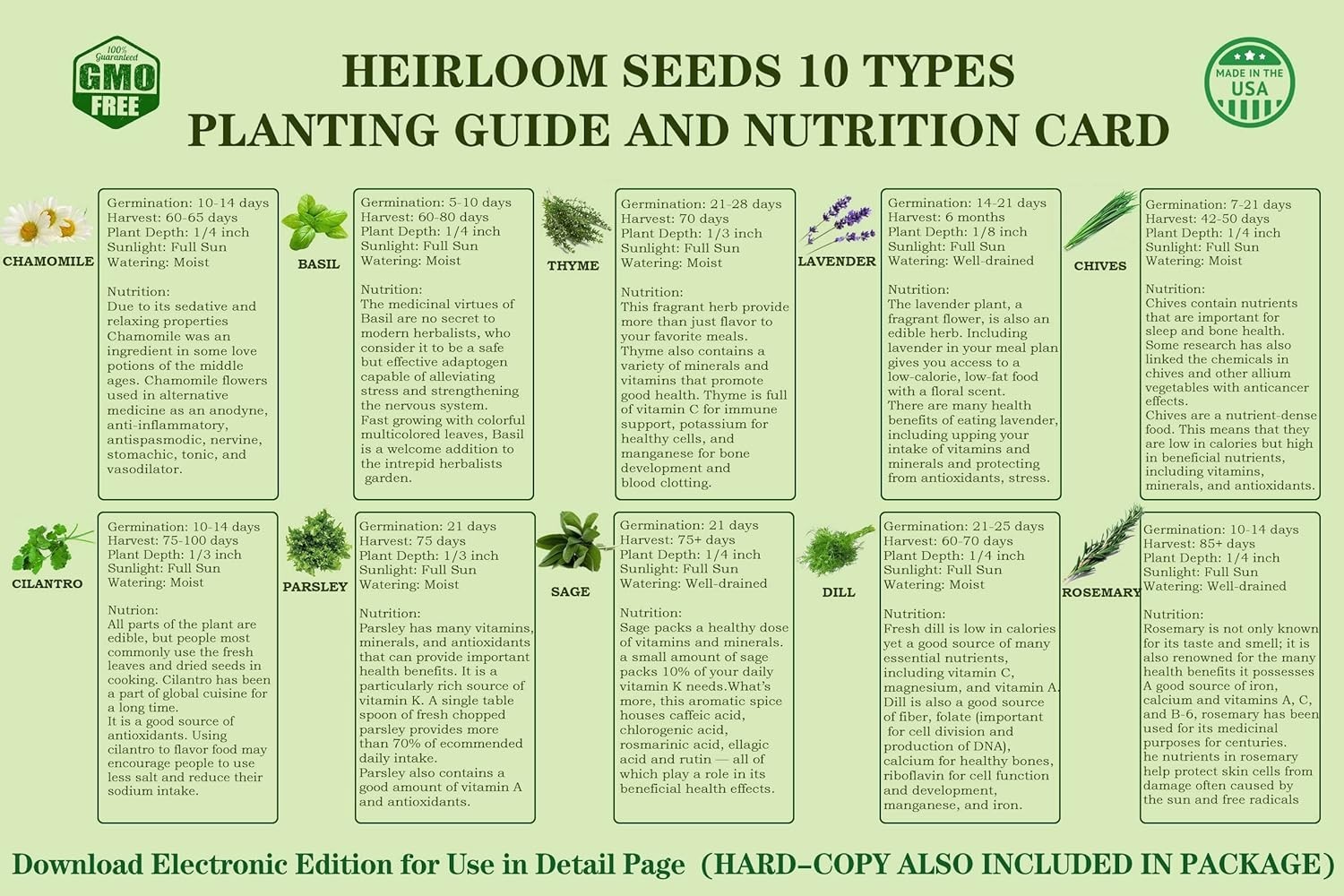 10 Herb Seeds Garden Starter Grow Kit with Green Pots, Markers, Nutritional S…