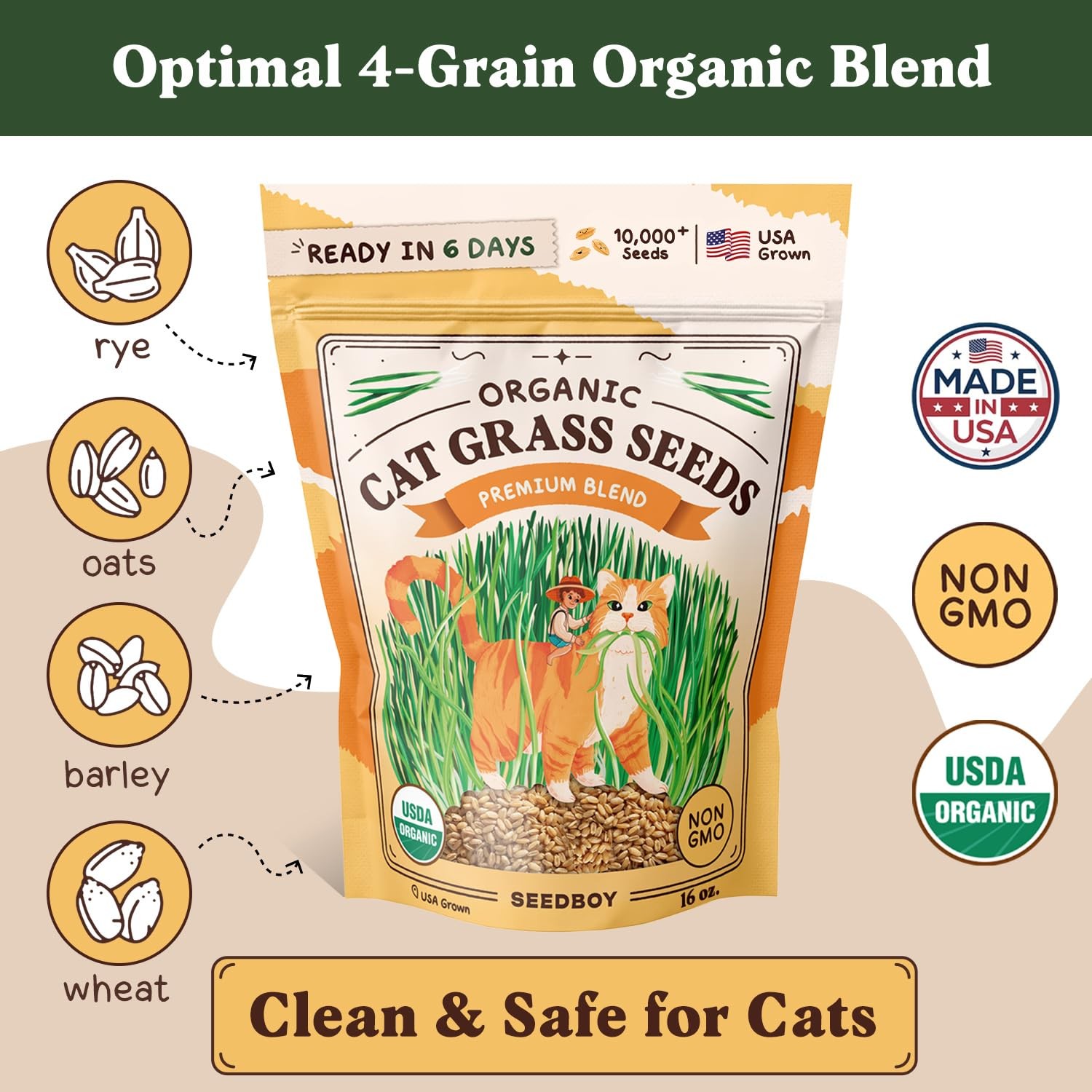 Organic Cat Grass Seeds for Planting, Non-GMO Wheat, Oat, Rye, and Barley Pet…