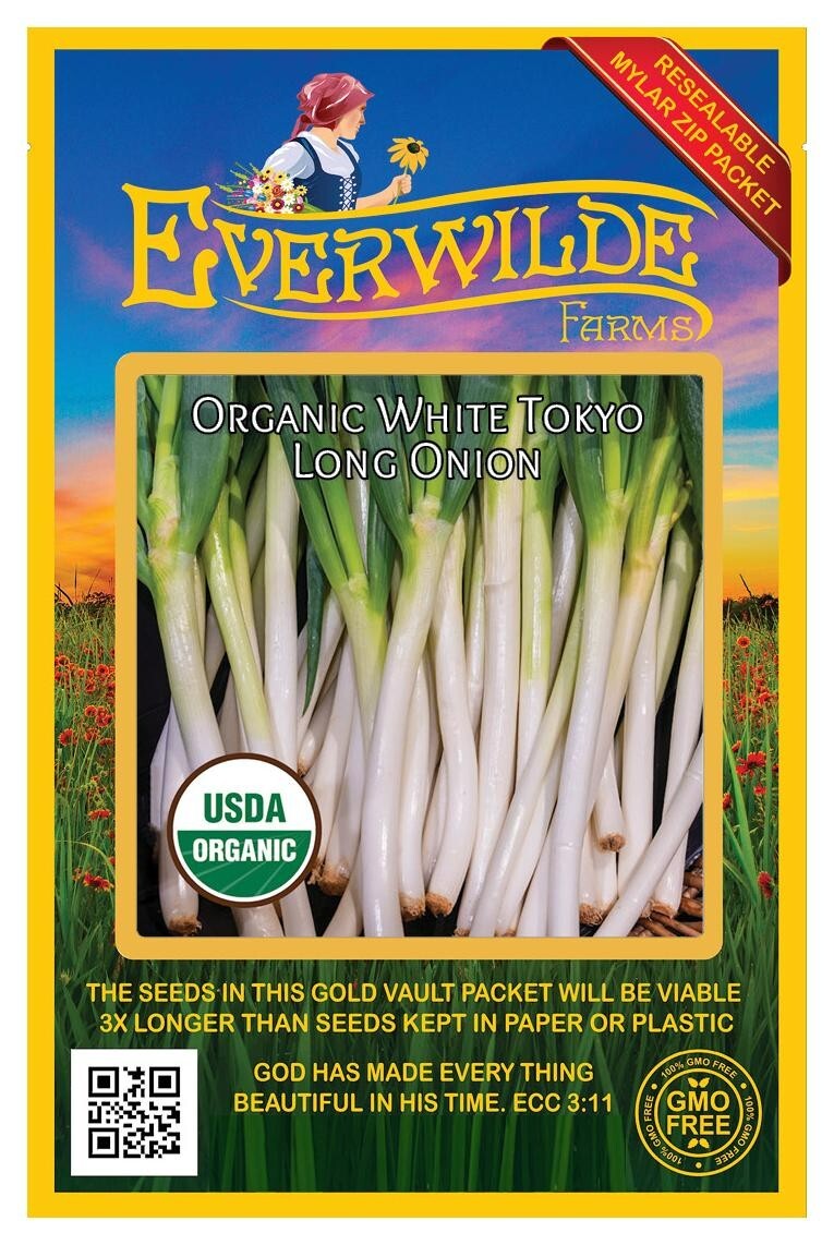 50 Organic White Tokyo Long Onion Seeds – Everwilde Farms Mylar Seed Packet