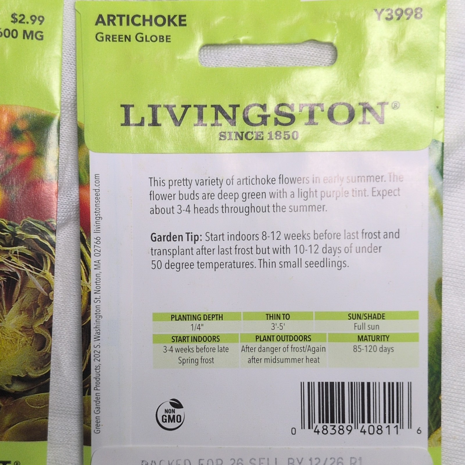 Livingston Artichoke Green Globe Seeds Non-GMO Green Full Sun Y3998