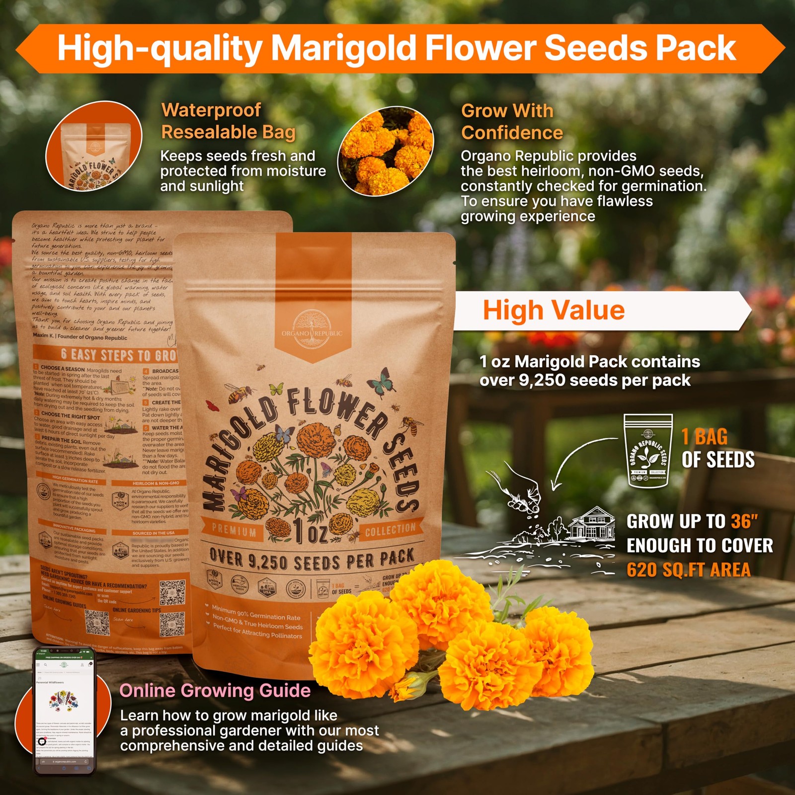 Marigold Seeds Pack 1 oz – Over 9,250 Non-GMO 1oz, Orange, Yellow, Red, Green