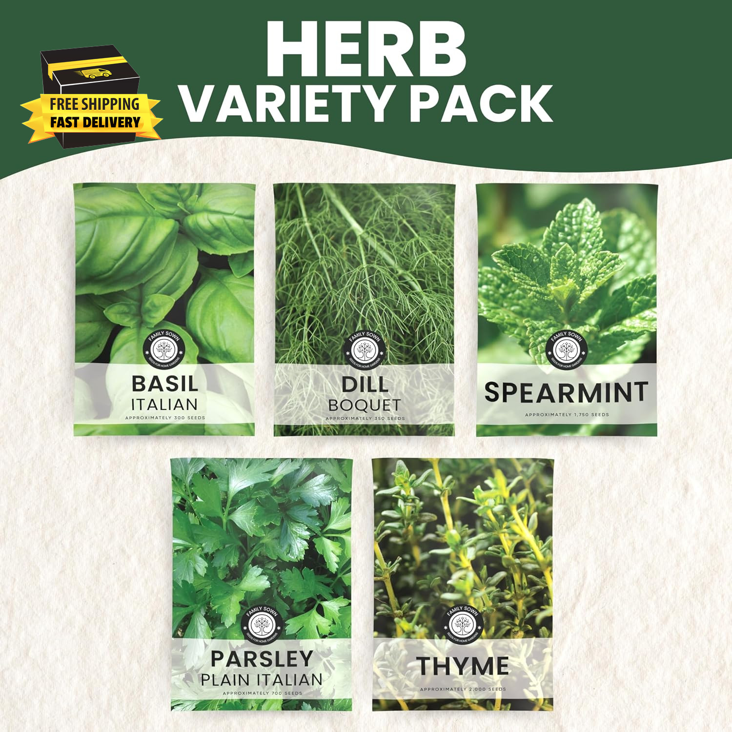 Herb Seeds | 5 Invidiual Packs | 2026 Season | Non-Gmo | Basil, Dill, Spearmint,