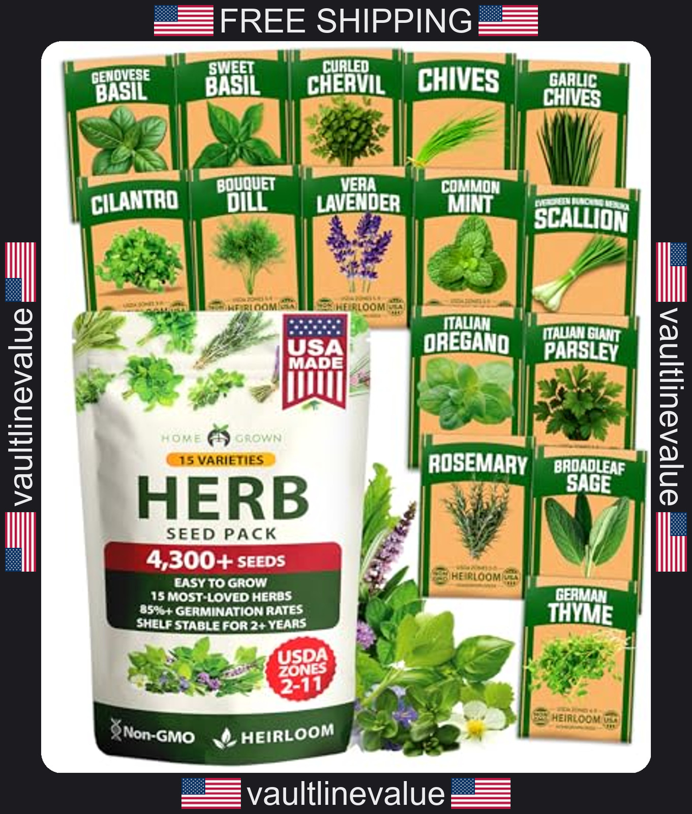 Home Grown Herb Seeds 15-Pack Non-GMO Heirloom Culinary Indoor Outdoor