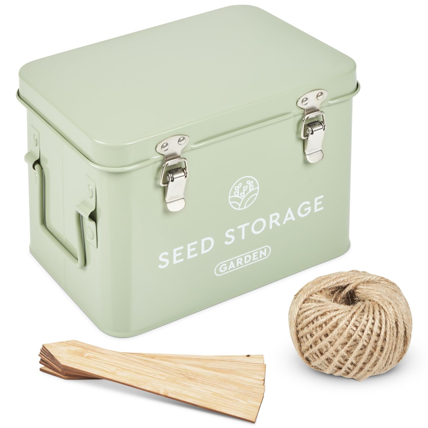 Seed Storage Box – Metal Seed Packet Organizer with Garden String and Bamboo …