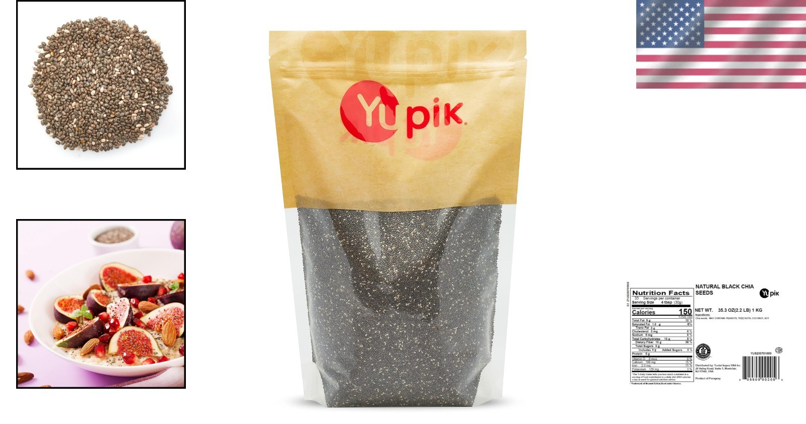 Natural Whole Black Chia Seeds 2.2 lb – Excellent Source of Omega-3 & Fiber