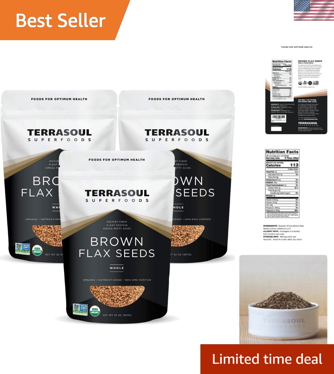Organic Brown Flax Seeds – 6 Lbs Bulk (3 Pack) – & Gluten-Free Superfood