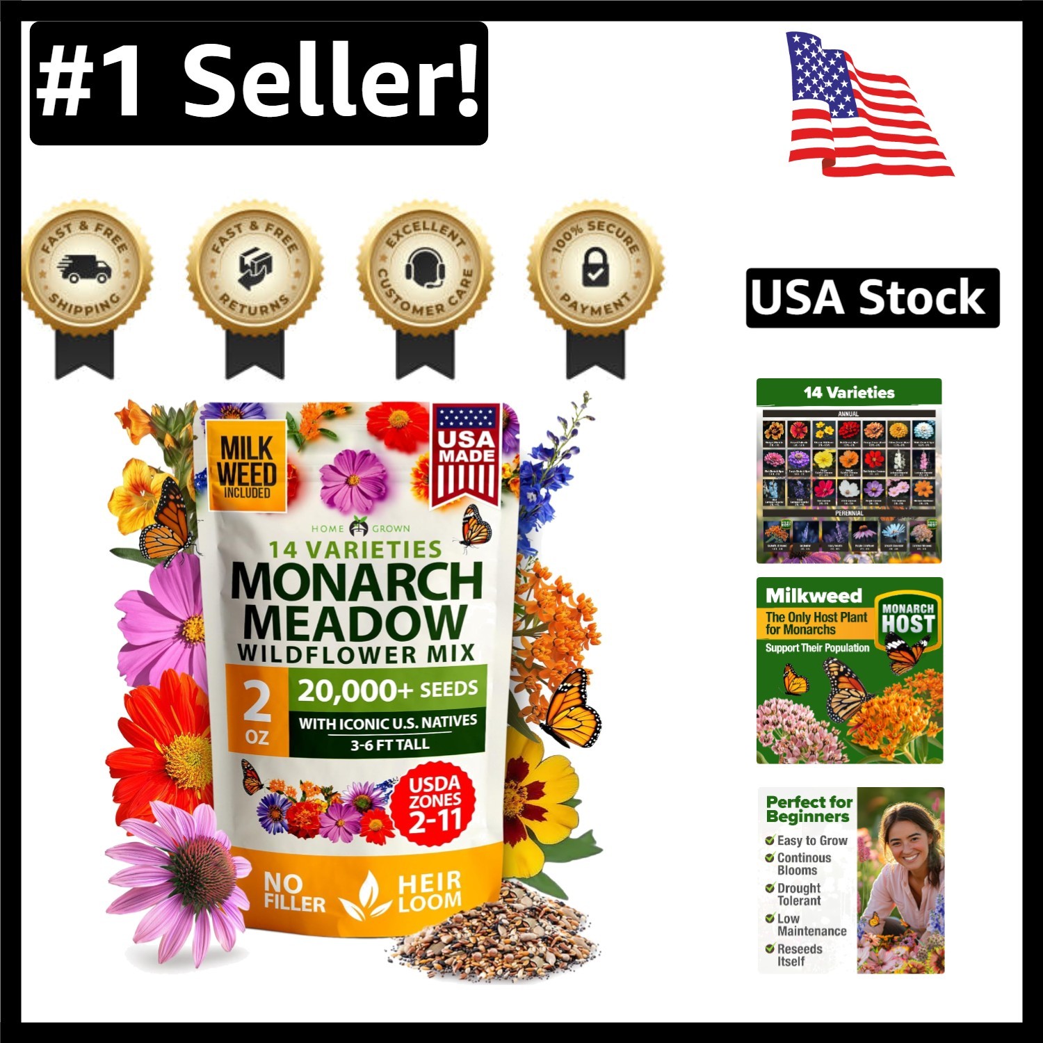 High Germination Monarch Butterfly Seeds Mix – 2oz Non-GMO Wildflowers for Bees