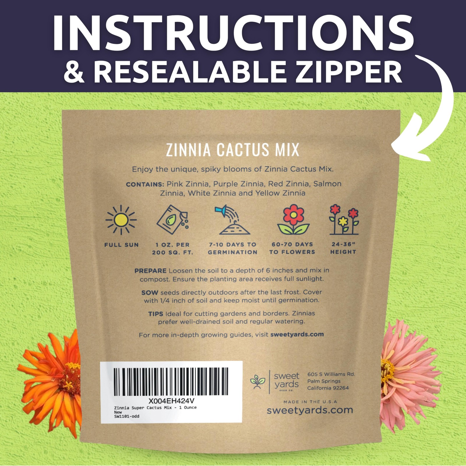 Zinnia Super Cactus Mix Large 1 Ounce Packet 4,000 Flower Seeds for Plantin…