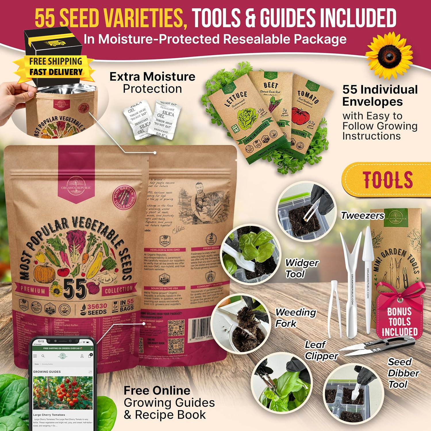 55 Vegetable Seeds Variety Pack – 35,600+ Non-Gmo Heirloom Seeds for Planting Ve