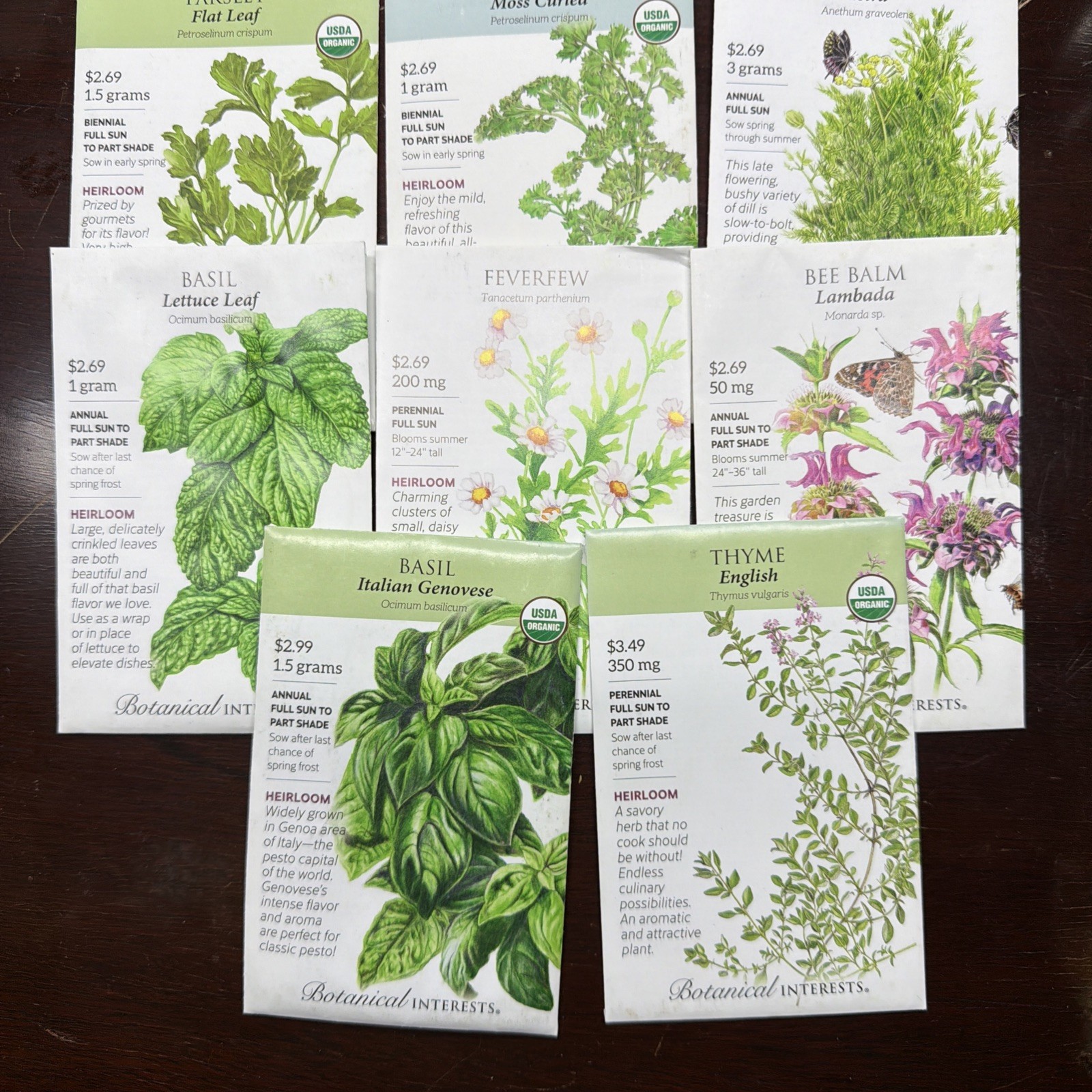 8 Packs Botanical Interests Herb Seed Thyme Parsley Feverfew Basil Dill Bee Balm