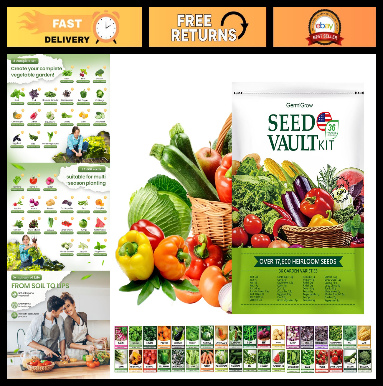 36 Vegetable Seed Variety Pack – 17,600+ Non-GMO Heirloom Seeds for Garden & Hyd