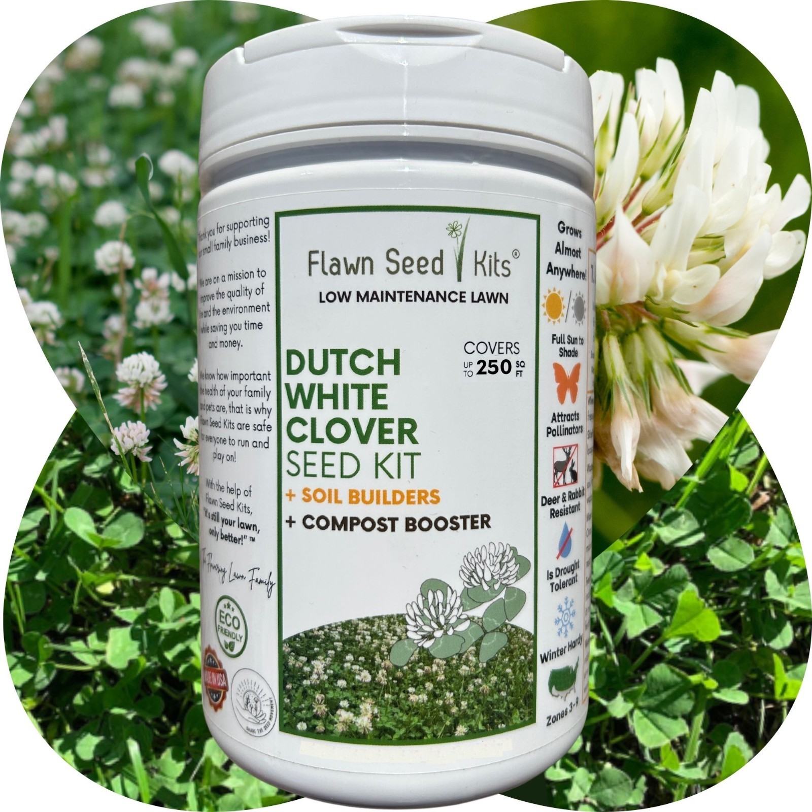 Dutch White Clover Seed, Easy Spread Shaker, Organic Coated, Low Maintenance