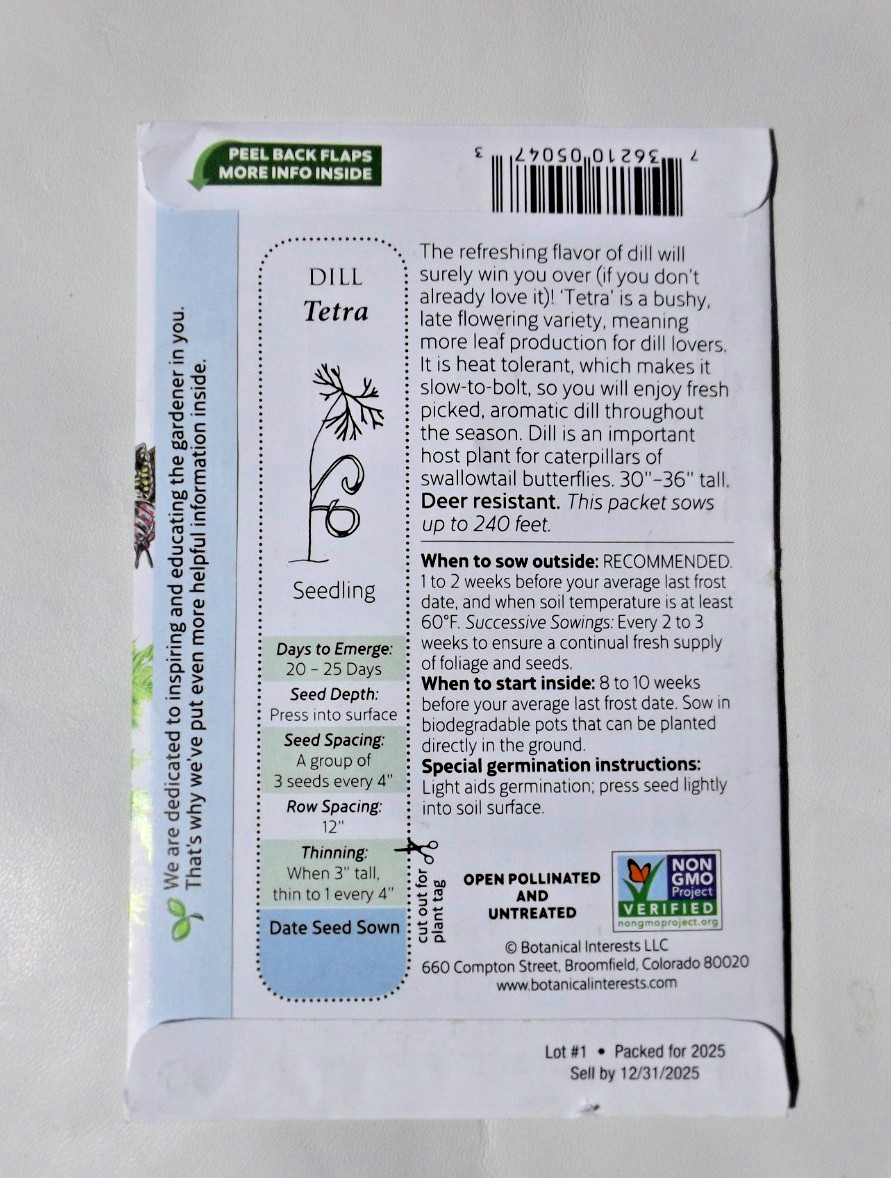 Lot#3 8 packs Botanical Interests seed, Herbs, Dill, Cilantro, Thyme, Lemon balm