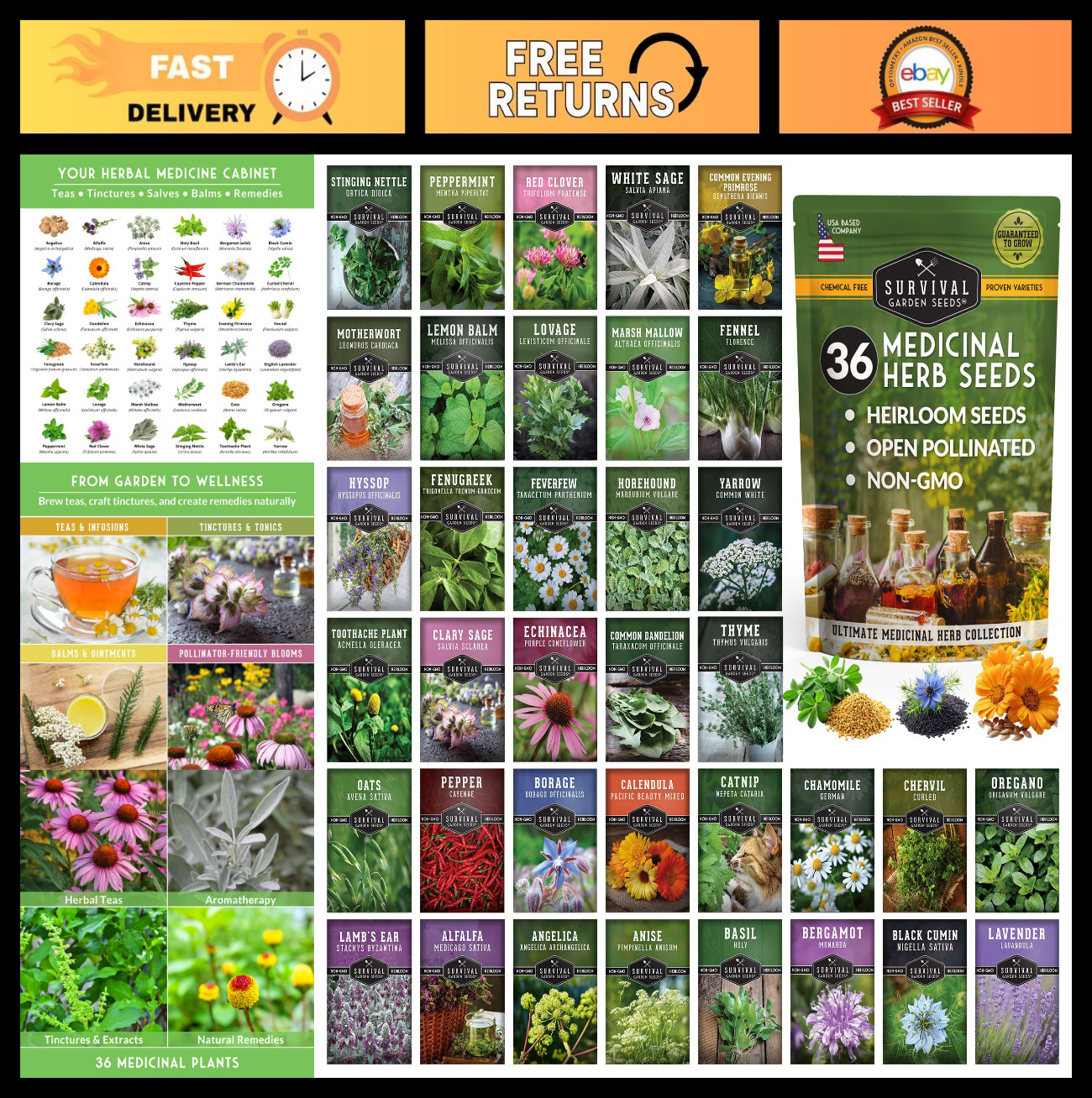Heirloom Medicinal Herb Seeds Variety Pack – 36 Non-GMO Healing Herbs for Wellne