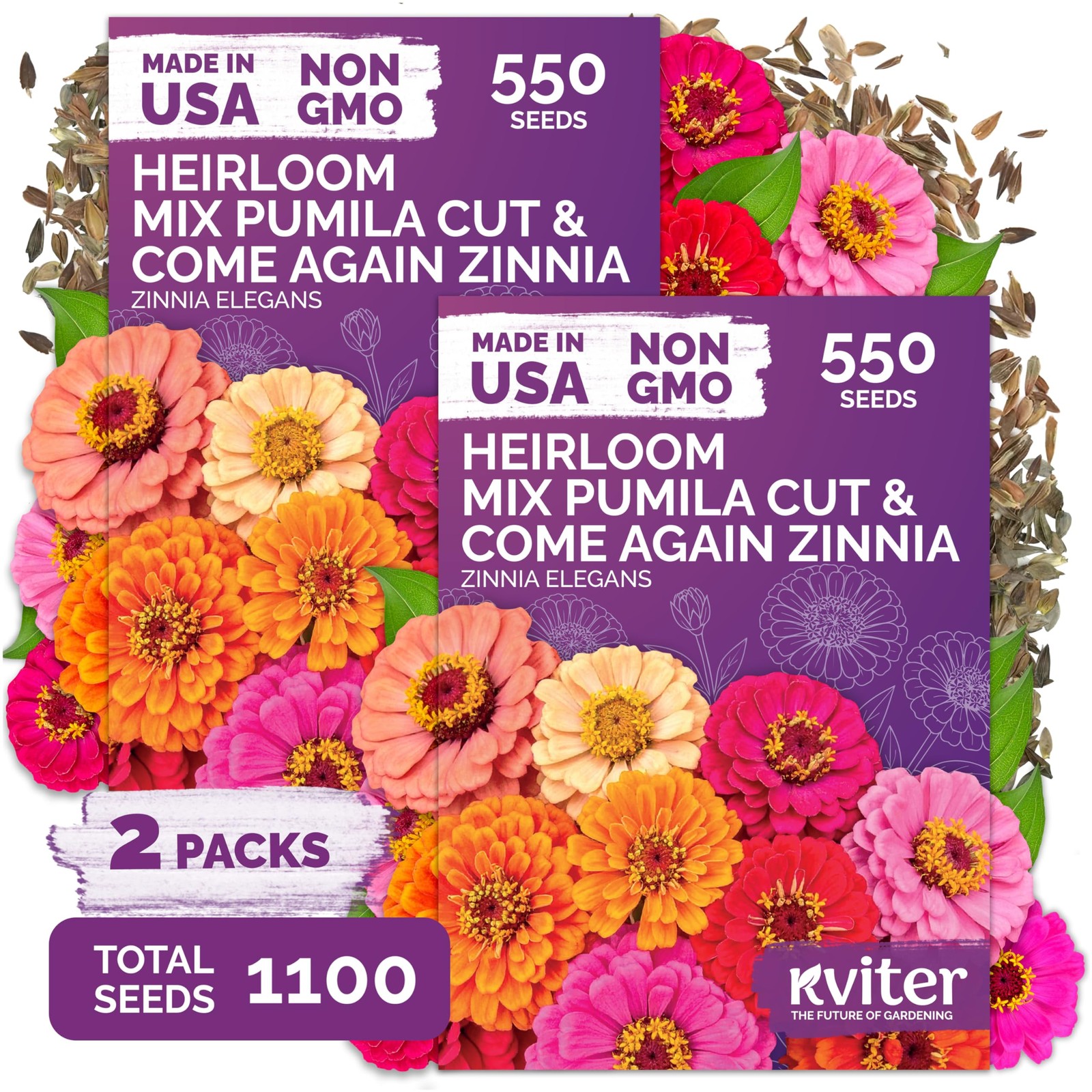 KVITER 1,100 Zinnia Seeds (Zinnia Elegans), 2 Pack