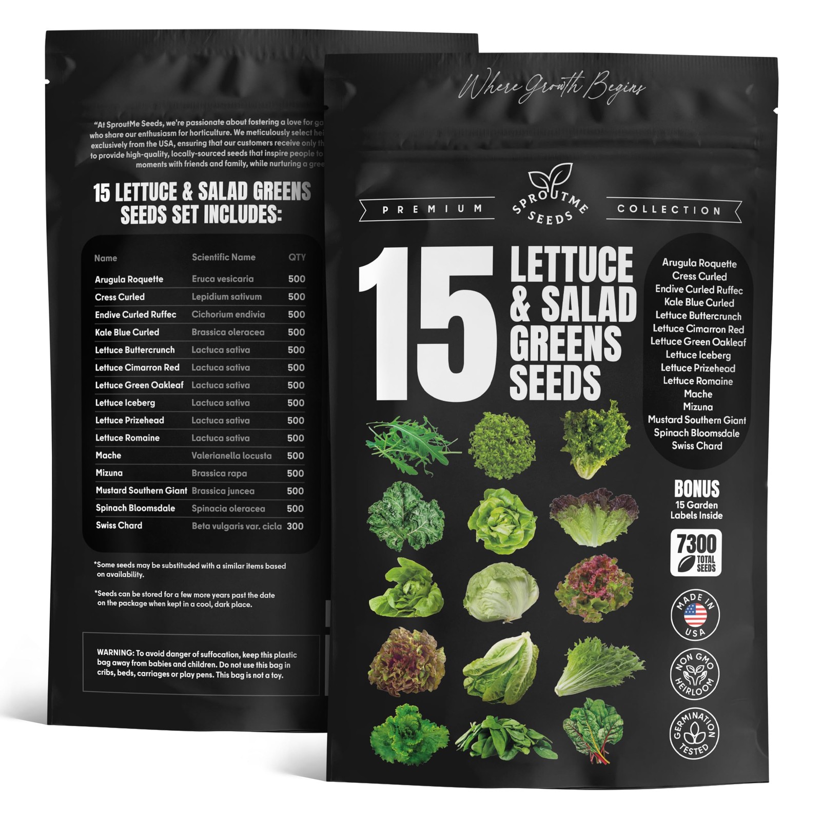 Diverse Salad Greens Seed Pack – Spinach, Kale, Arugula, Romaine, 7300+ NonGMO