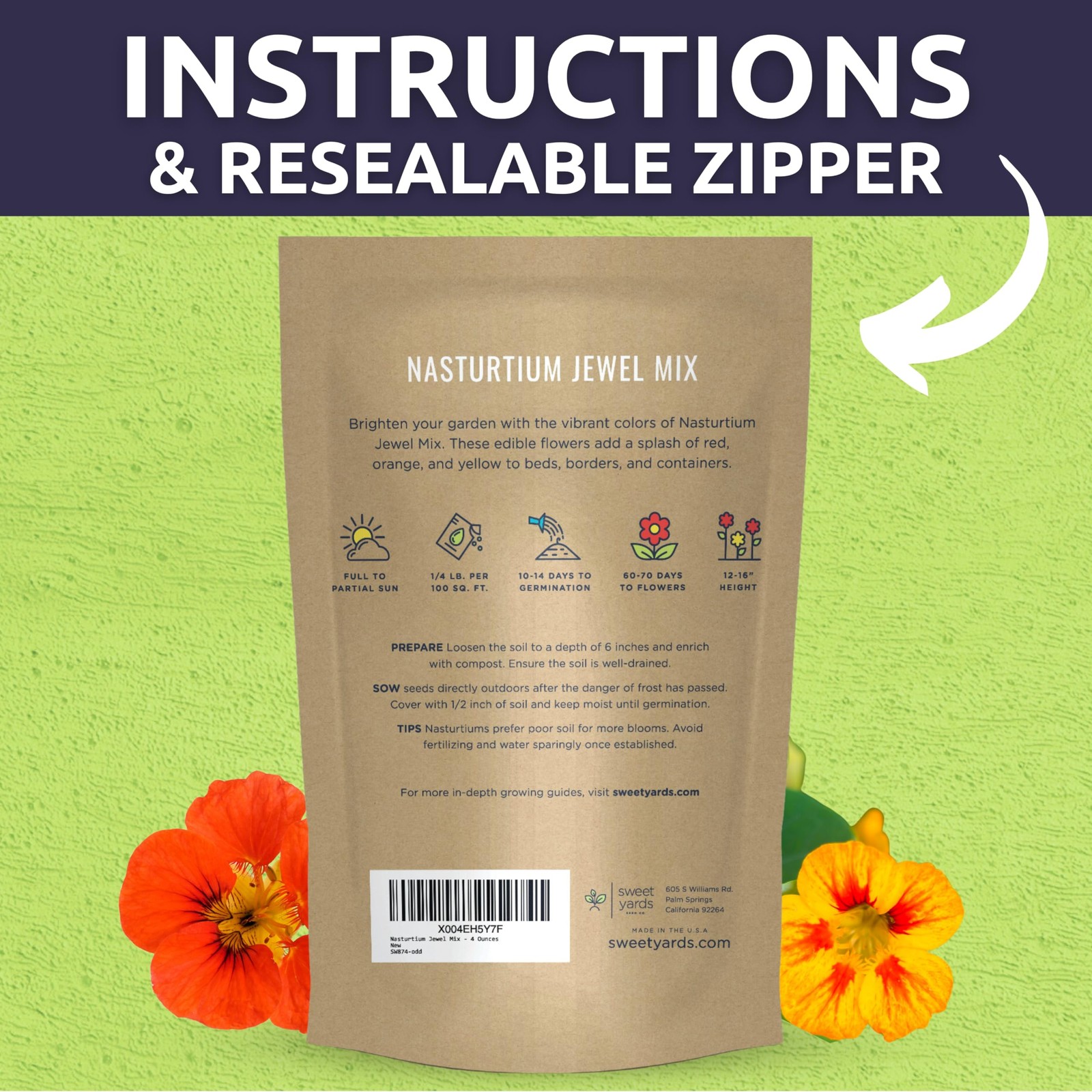 Nasturtium Jewel Mix Flower Seeds, Tropaeolum Majus Planting Bulk 1/4lb 750
