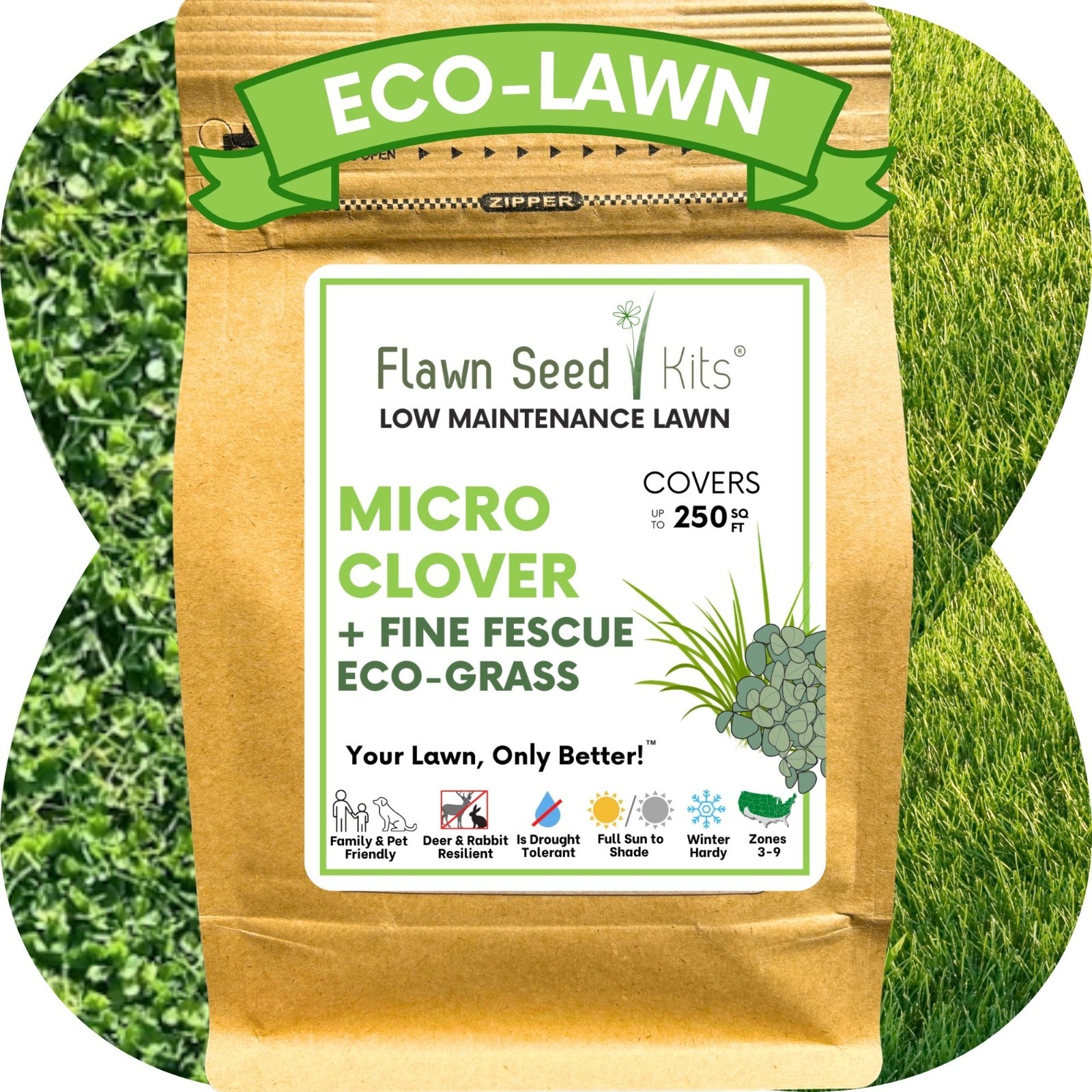 Flawn Seed Kits Micro Clover Seed + Mow Less Fine Fescue Grass