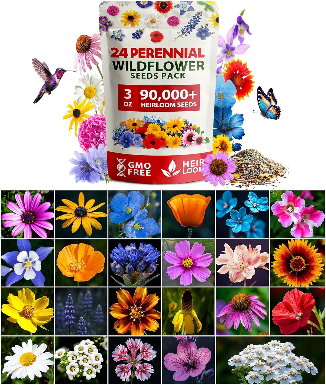 90,000+ Wildflower Seeds Mix 3Oz 24 Varieties Non-Gmo Perennial Flower Seeds for