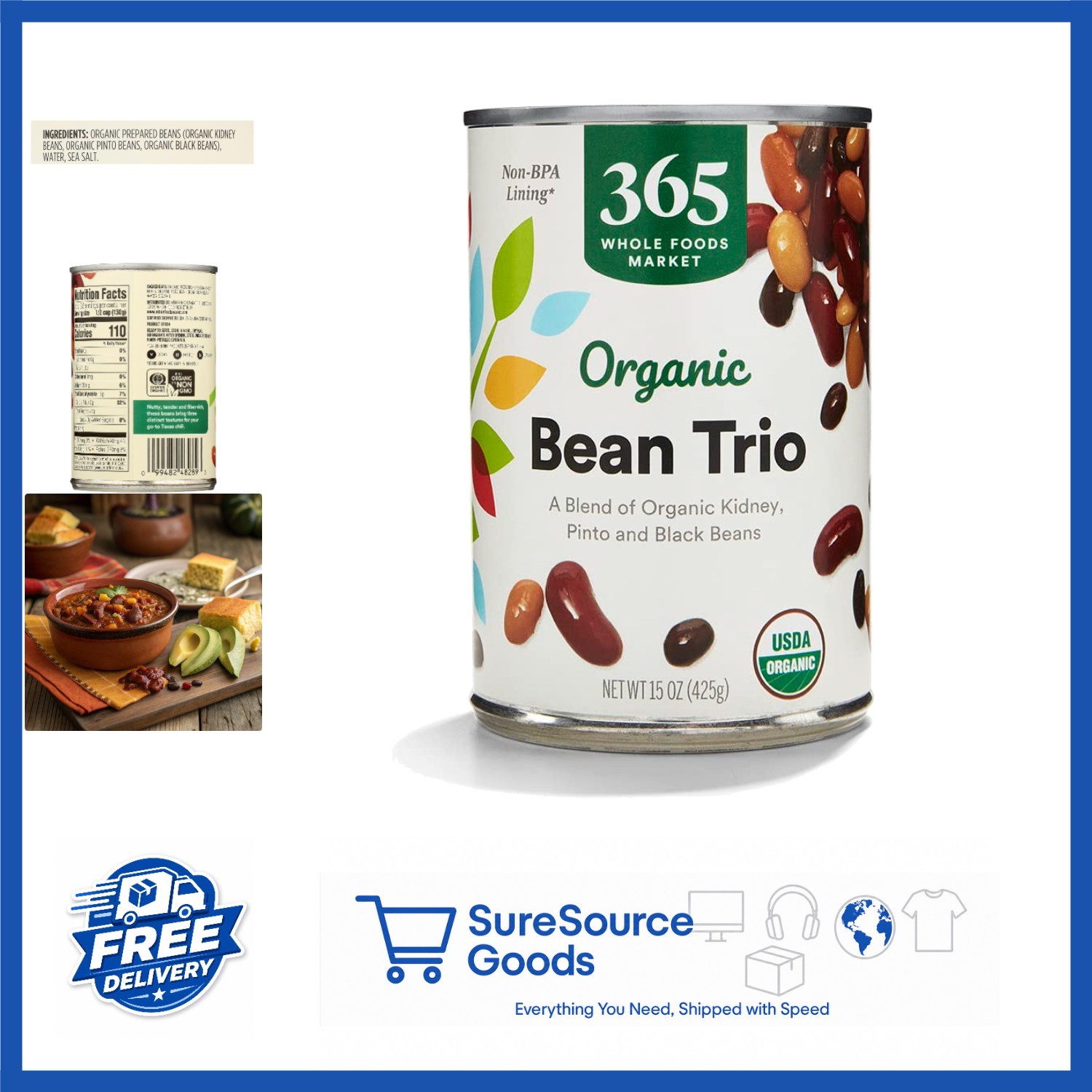 15 Ounce Organic Kidney Pinto Black Beans Low Sodium Whole Beans