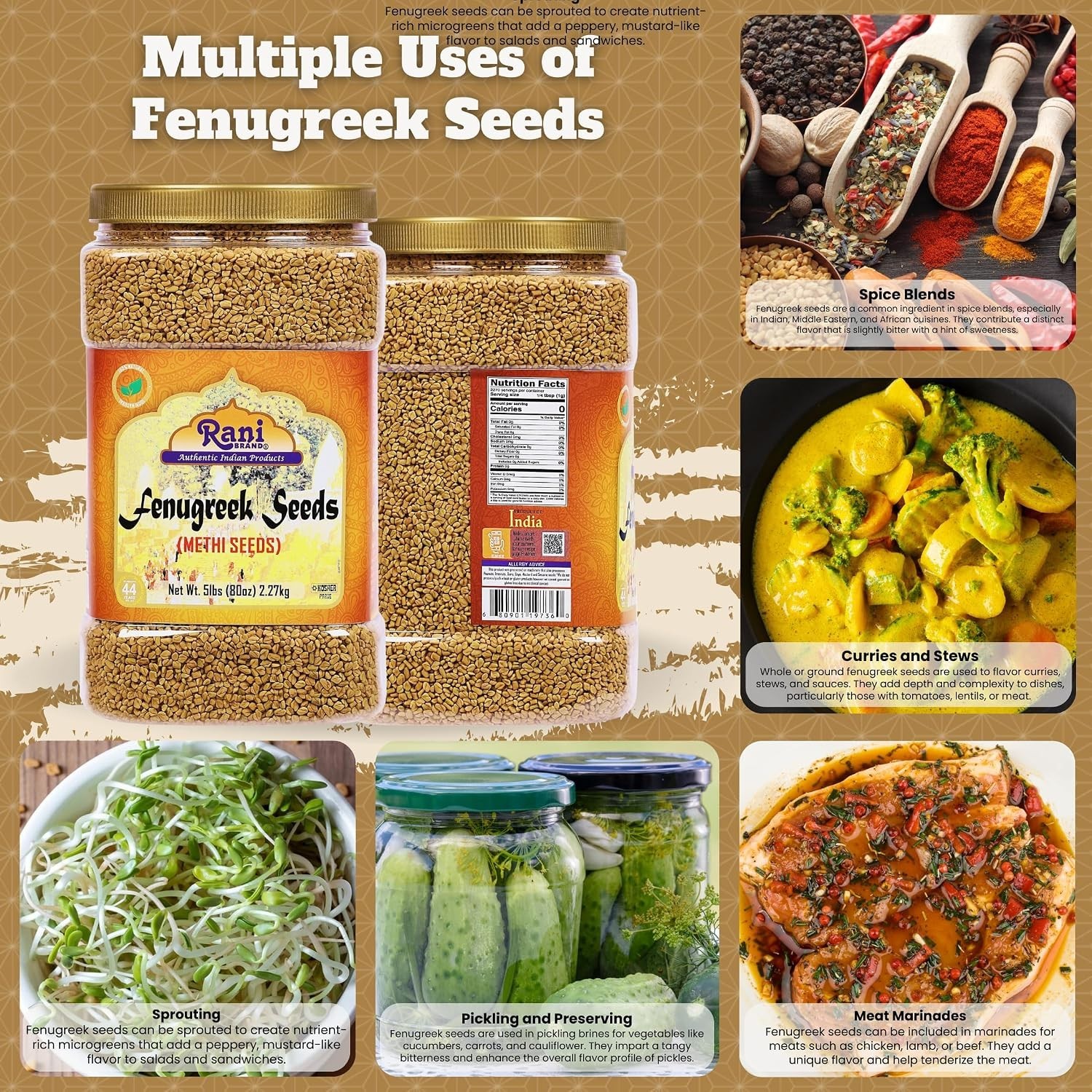 Rani Fenugreek Methi Seeds Whole 80oz Bulk Jar