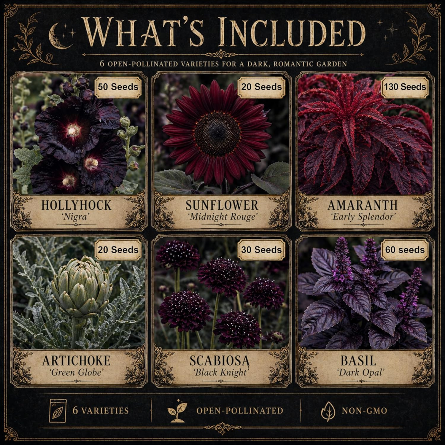 Gothic Garden Seed Collection, 6 Open-Pollinated Flower & Foliage Varieties
