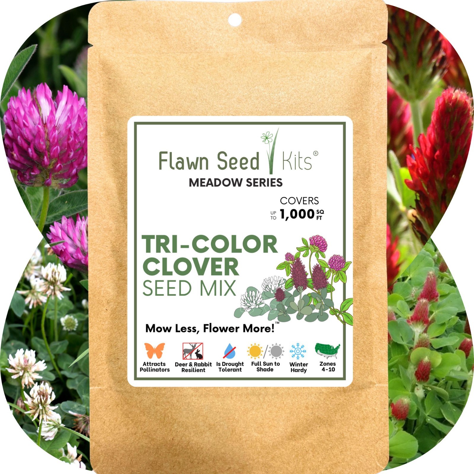 Flawn Seed Kits Tri-Color Clover Seed, Equal Mix 3 Clovers, Flowering Lawn