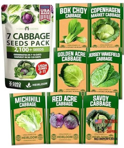 Cabbage Seeds 7 Variety Mix 2000+ Heirloom Non-GMO, High 7-Pack Veg Seed Vault