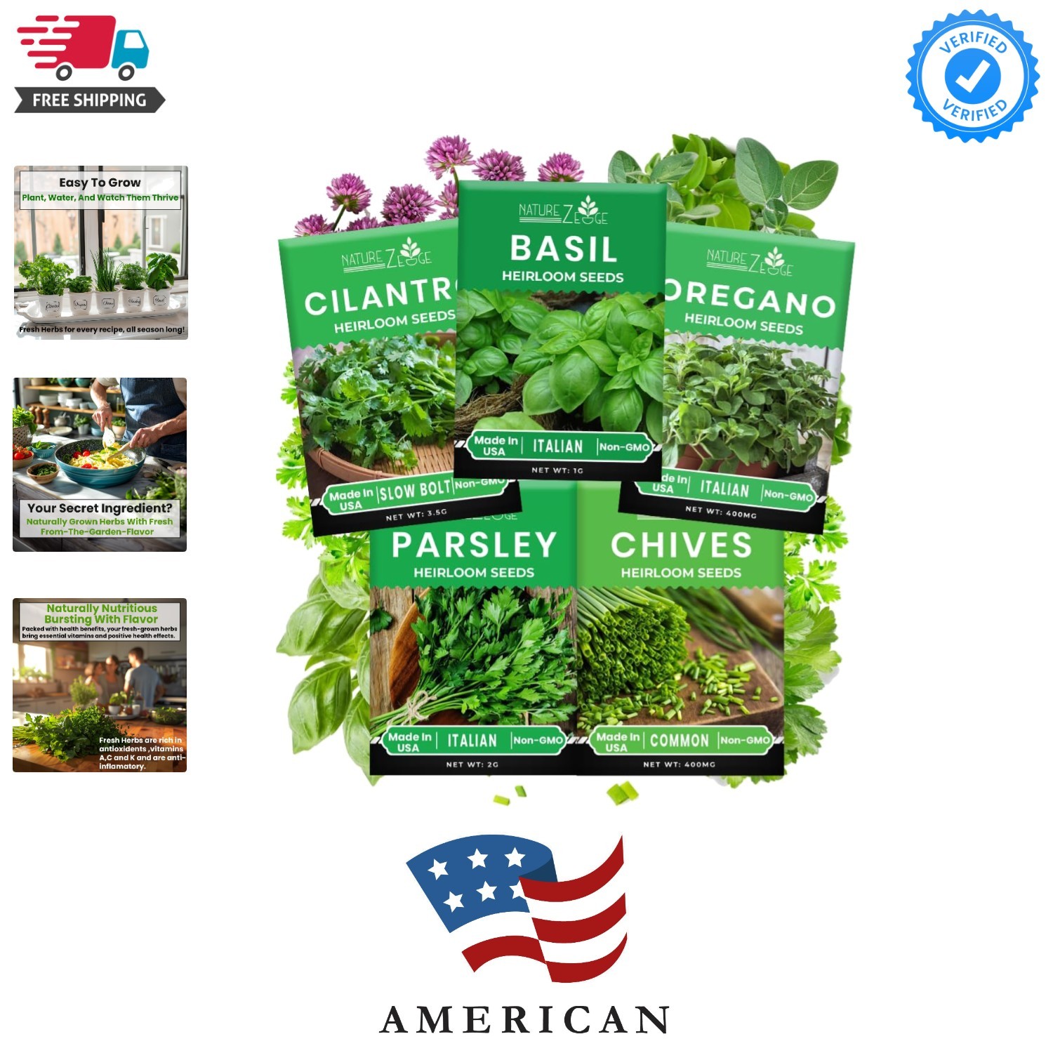 5 Herb Seeds Variety Kit, Oregano, Cilantro, Parsley, Basil, Chives