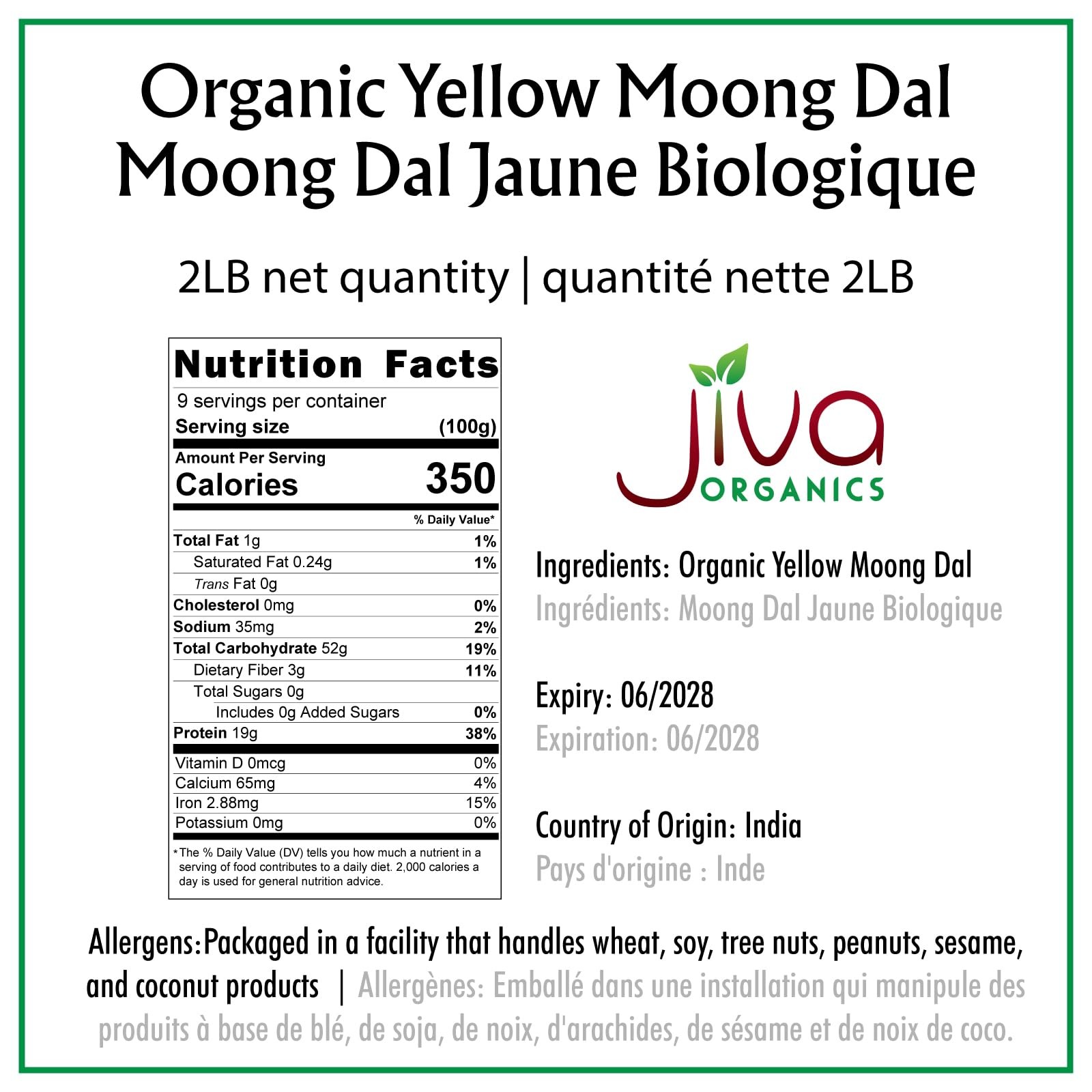 Jiva Organic Yellow Moong Dal 2 LB – Non-GMO, Gluten Free, Mung Beans