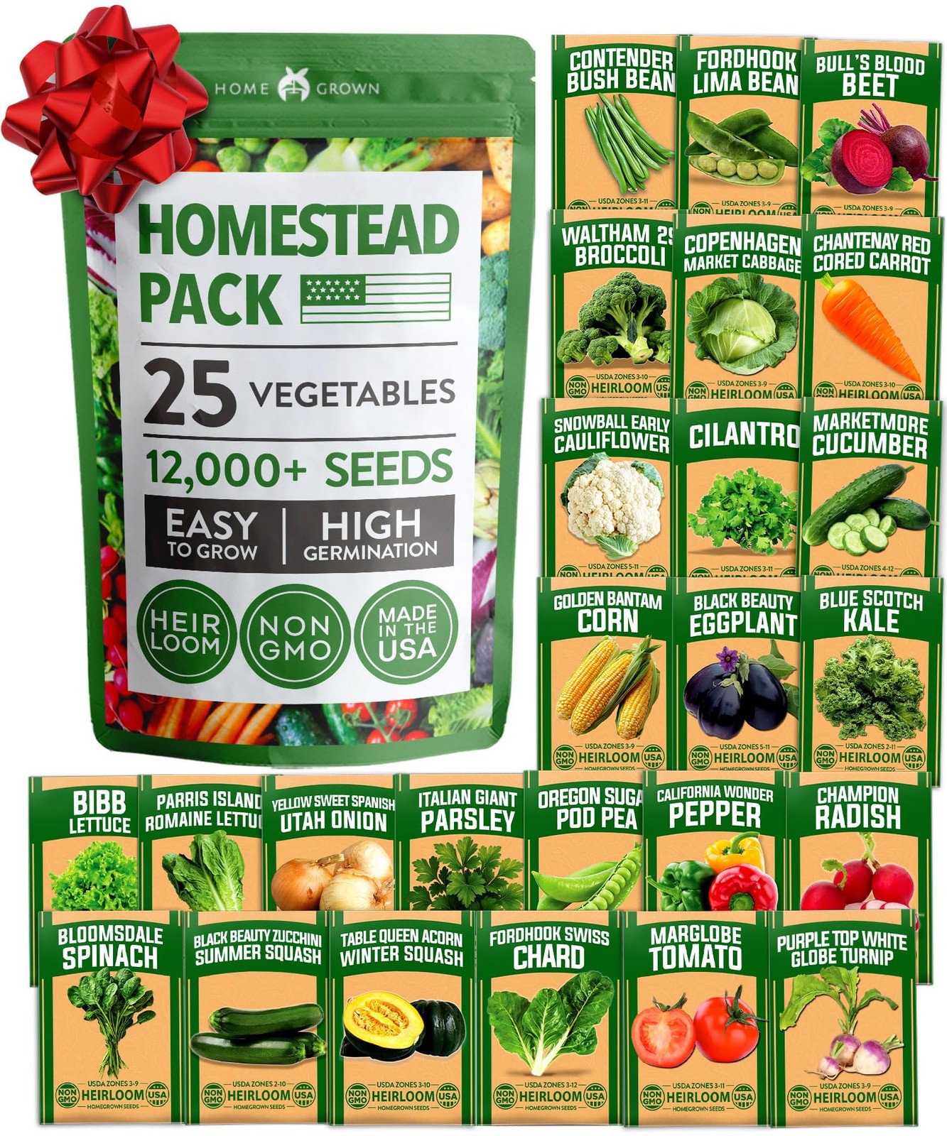 HOME GROWN 25 Variety Survival Seed Vault 12,000+ Heirloom NonGMO Vegetable S…