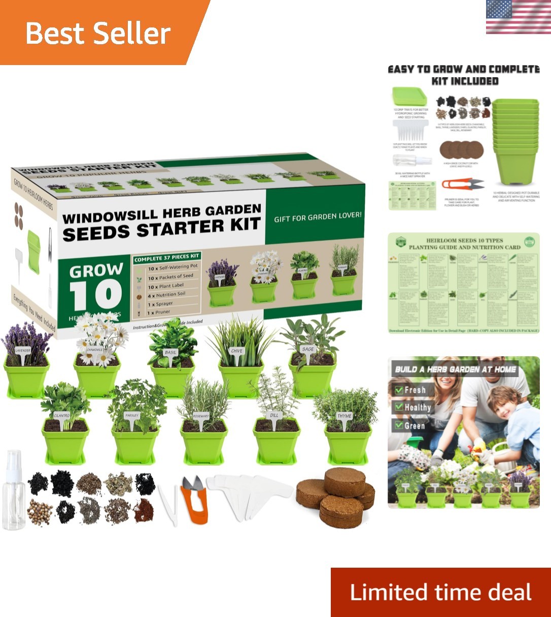 10 Herb Seeds Garden Starter Grow Kit with Green Pots, Markers, Nutritional S…